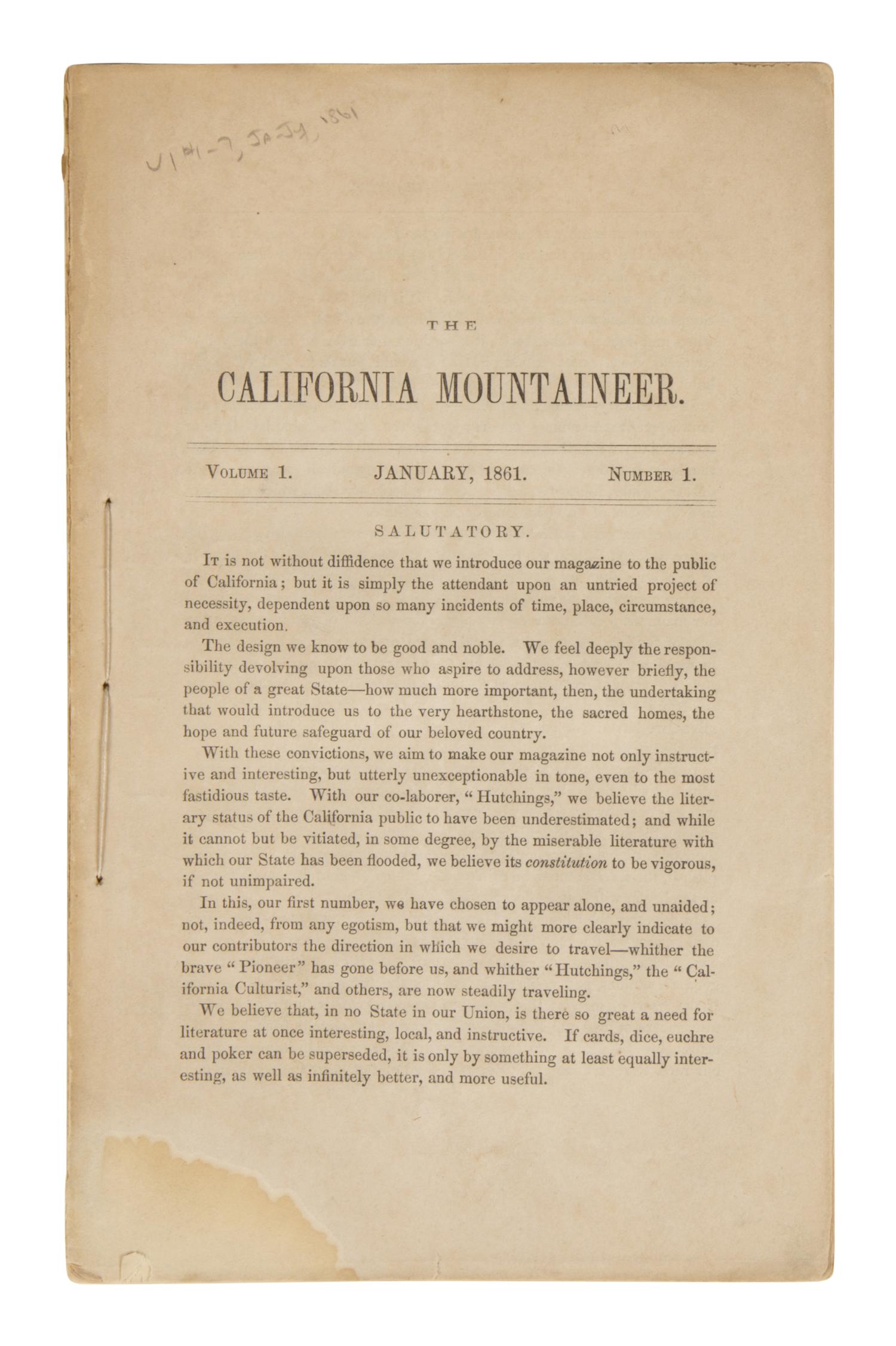 Hutchings, James Mason (1820-1902). "The Great Yo-Semite Valley." [in]: Hutchings' California Magazine. No. 40 . San Francisco: Hutchings & Rosenfield, October 1859.