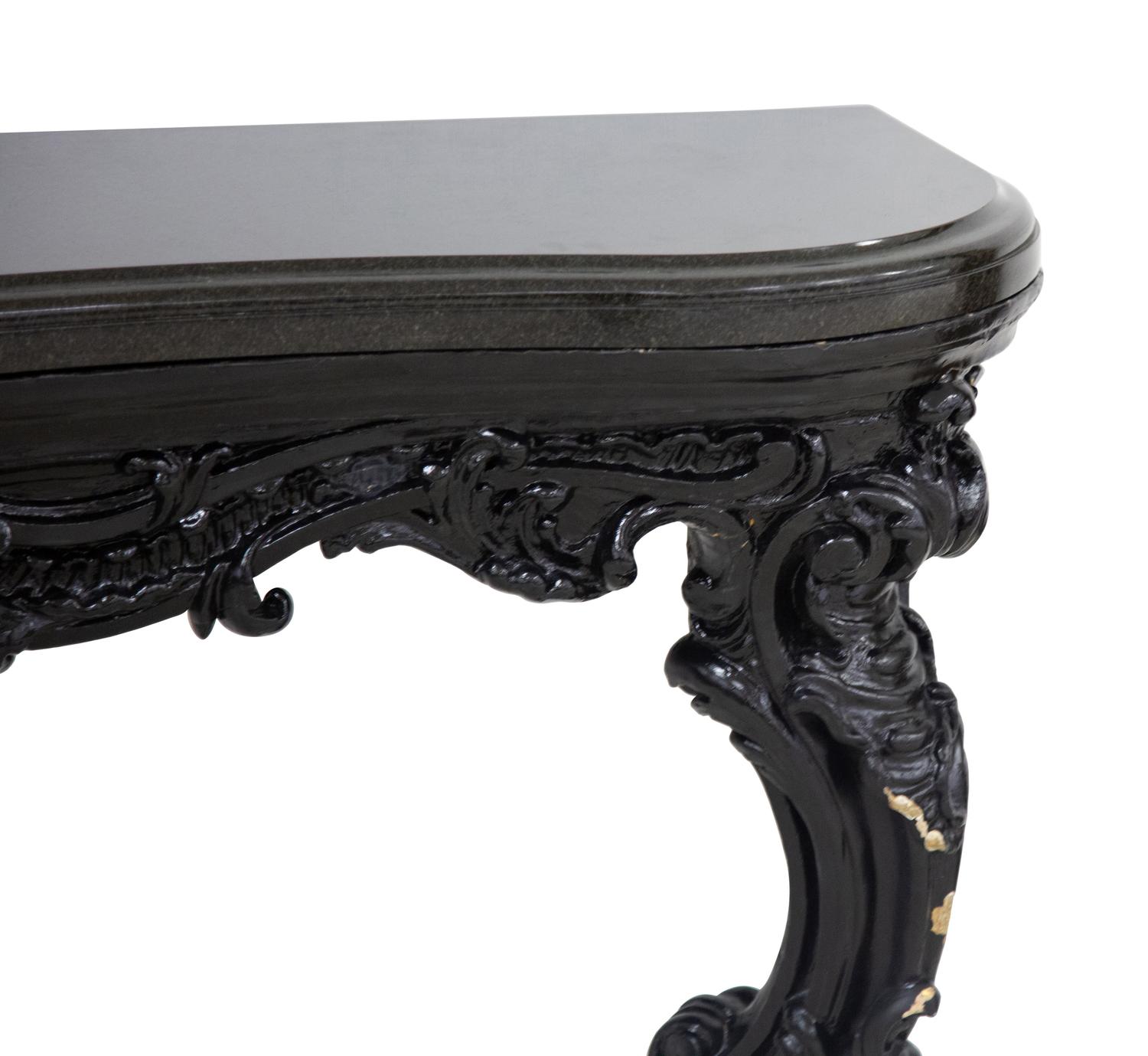 A Rococo Style Serpentine Black Painted Slate Top Console Table — 20th Century