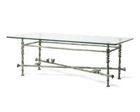 A Giacometti-Style Patinated Bronze and Glass Cocktail Table