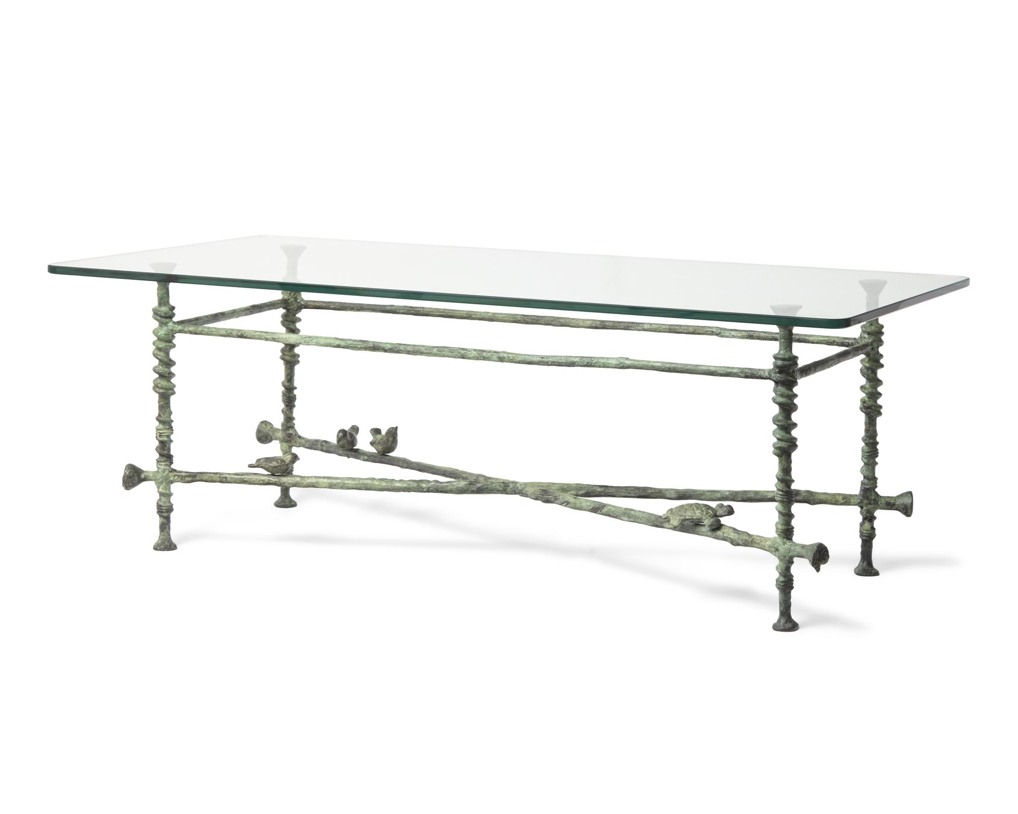A Giacometti-Style Patinated Bronze and Glass Cocktail Table