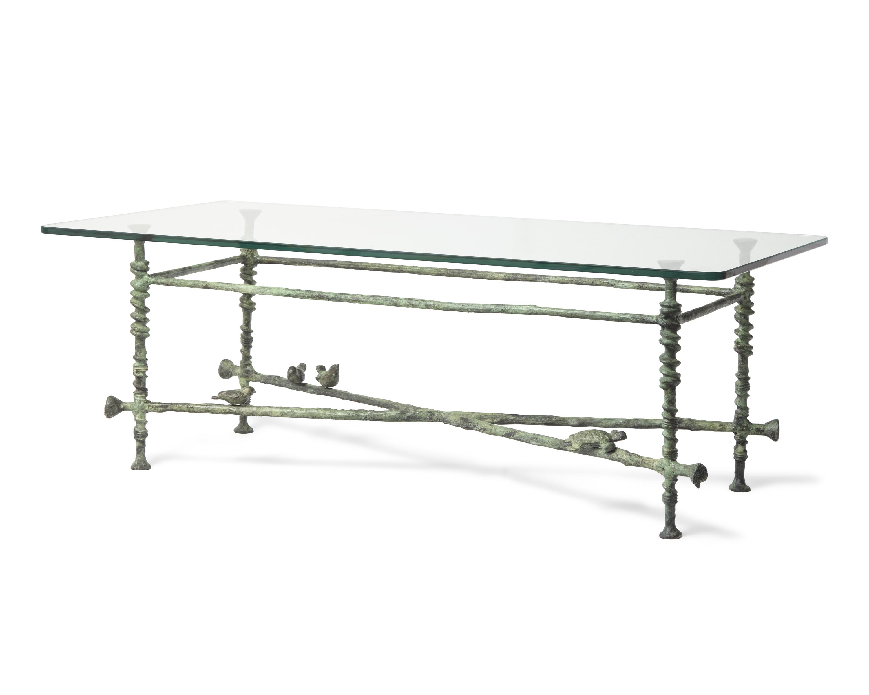 A Giacometti-Style Patinated Bronze and Glass Cocktail Table