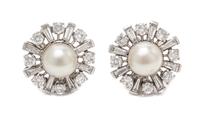 A Pair of Platinum, Diamond and Cultured Pearl Earclips, 8.60 dwts.