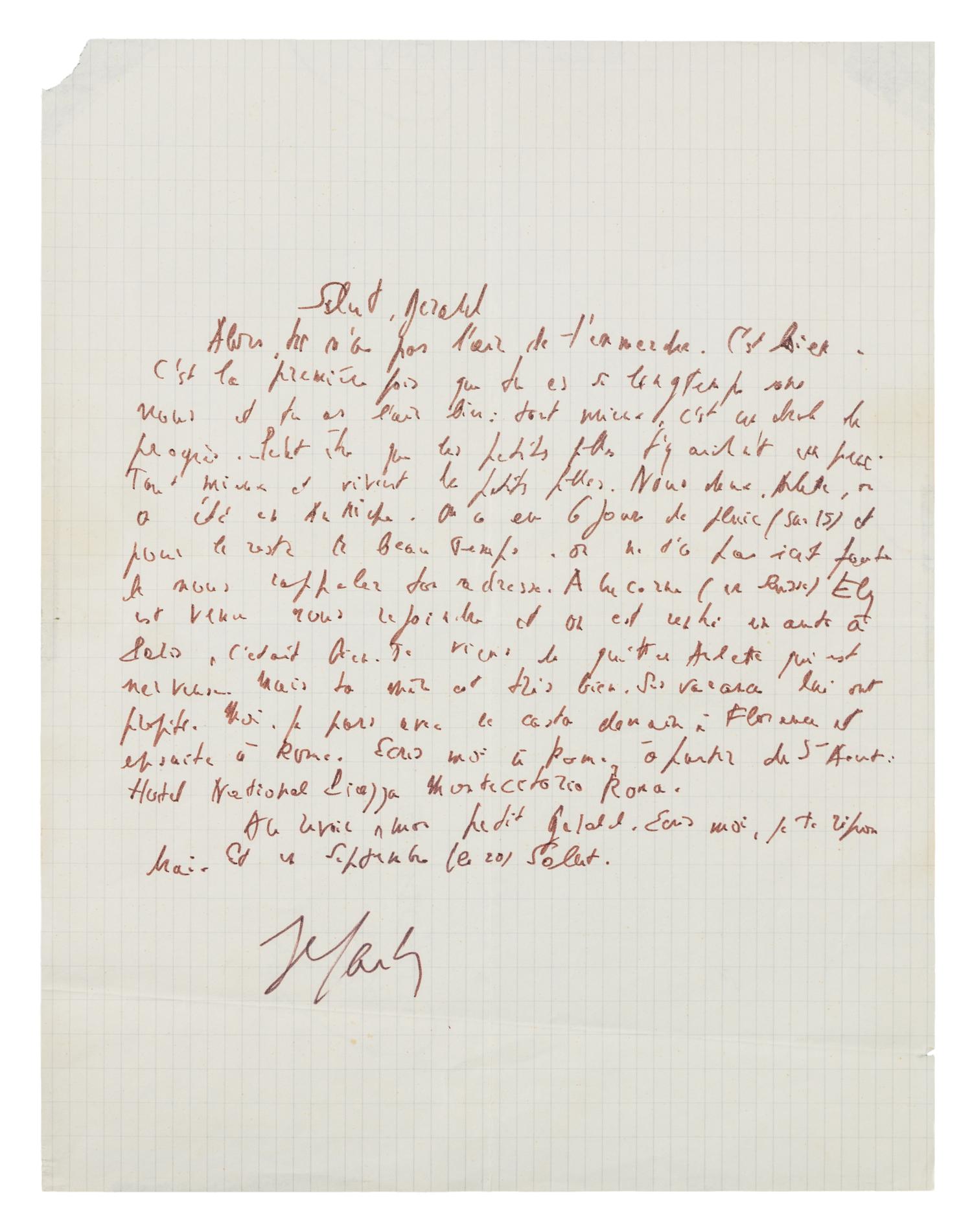 SARTRE, Jean-Paul. Autographed letter signed ("J.P. Sartre"), in French, to Gerald [probably his translator, Gerald Hopkins], n.p., n.d