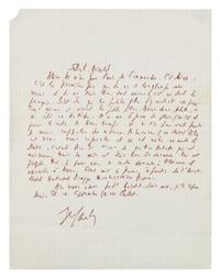 SARTRE, Jean-Paul. Autographed letter signed ("J.P. Sartre"), in French, to Gerald [probably his translator, Gerald Hopkins], n.p., n.d