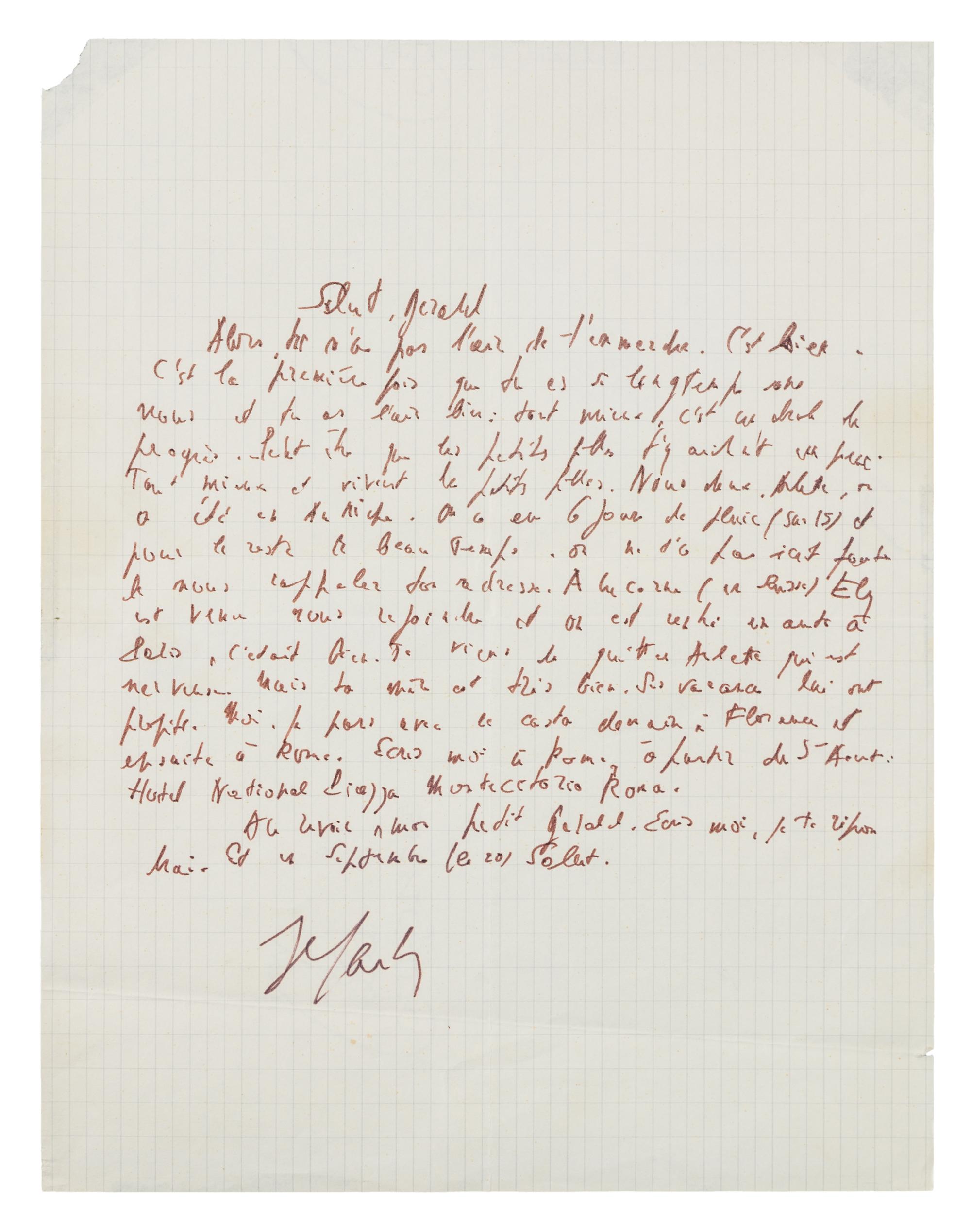 SARTRE, Jean-Paul. Autographed letter signed ("J.P. Sartre"), in French, to Gerald [probably his translator, Gerald Hopkins], n.p., n.d