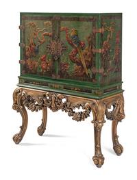 A George I Style Green-Japanned Cabinet on a Giltwood Stand