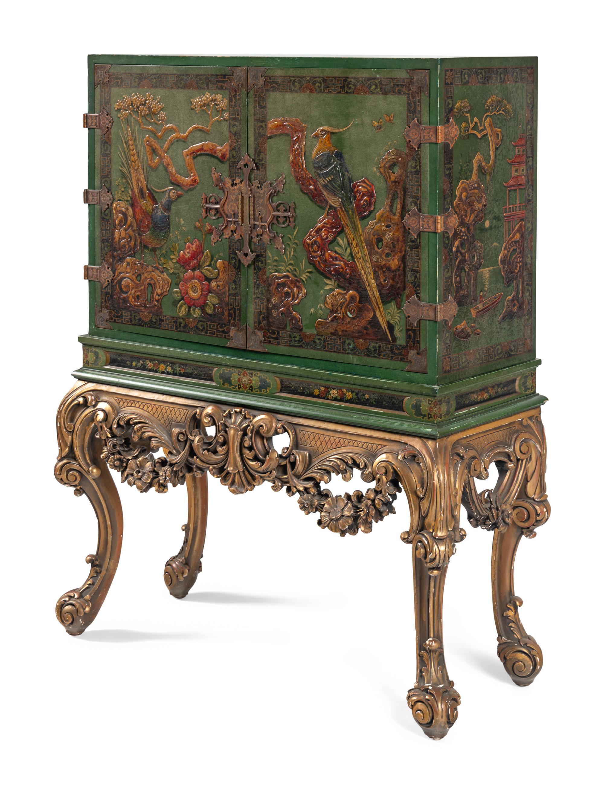 A George I Style Green-Japanned Cabinet on a Giltwood Stand