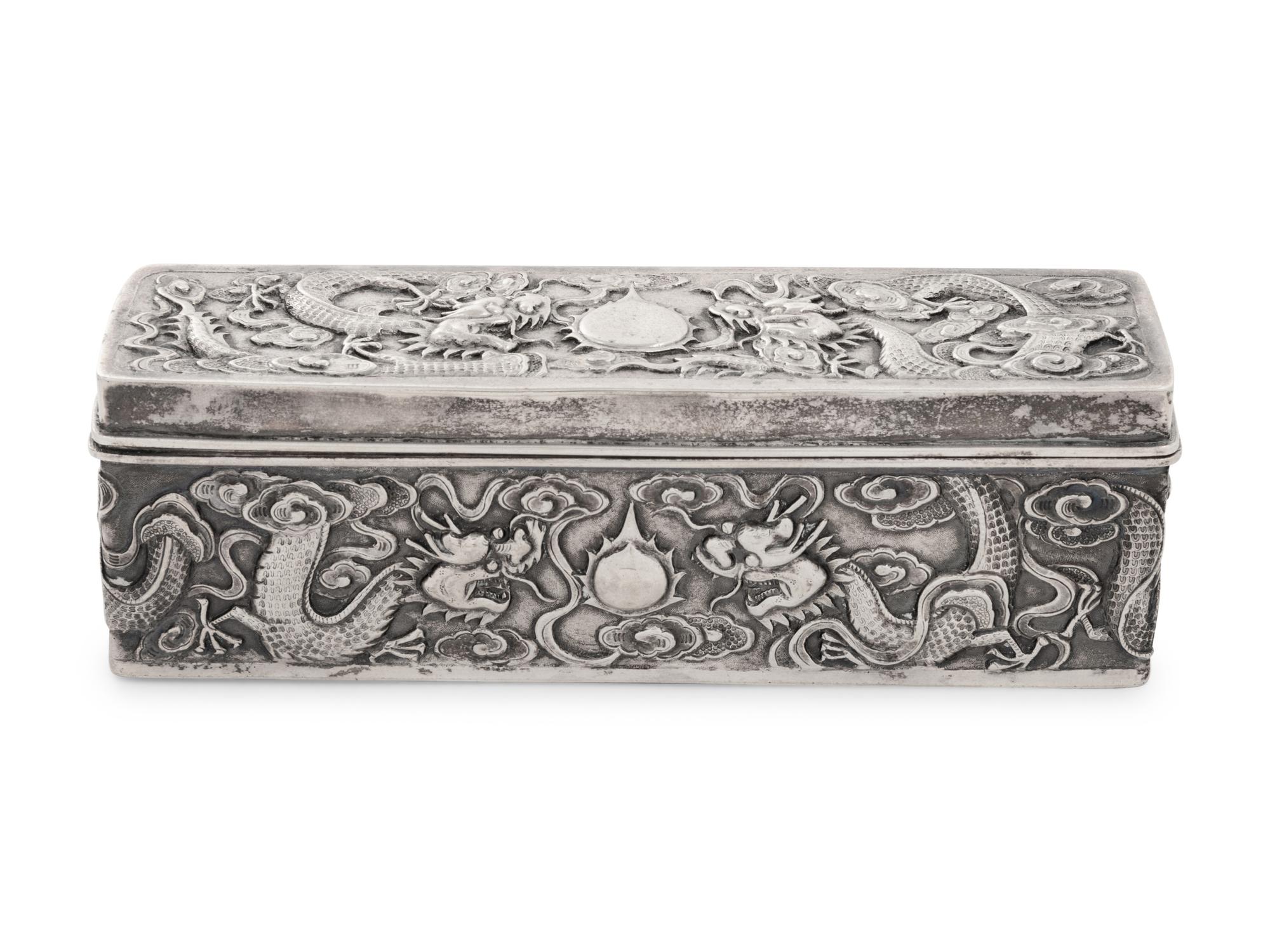 A Chinese Export Silver Rectangular Box and Cover