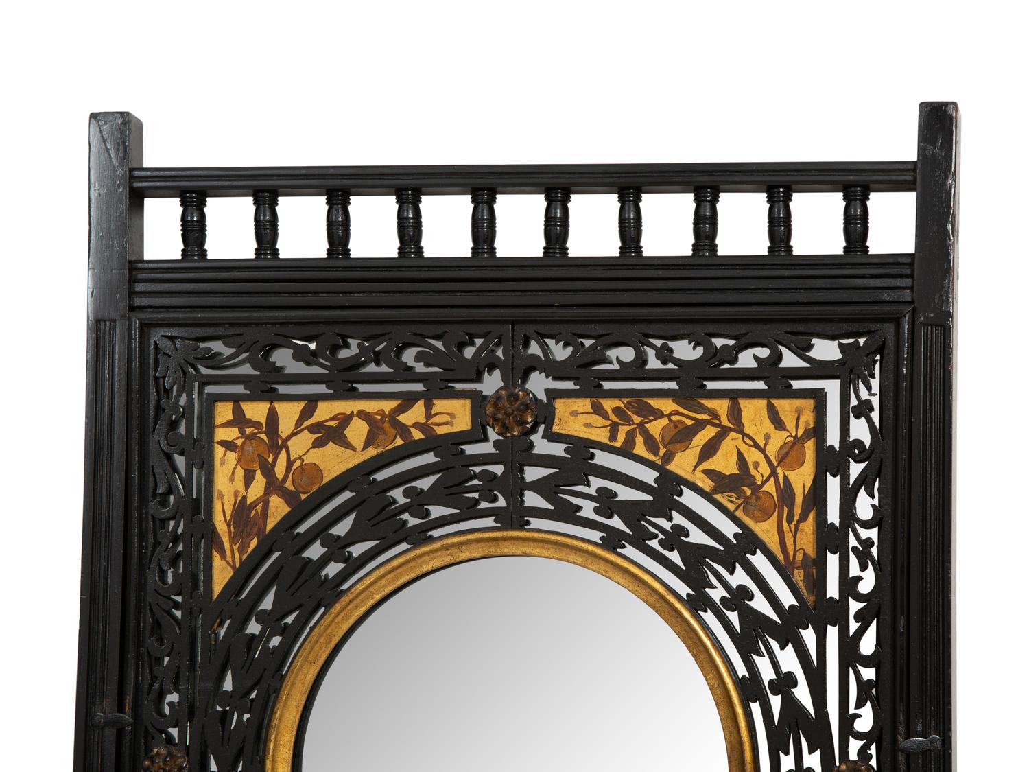 A Pair of Victorian Aesthetic Movement Ebonized, Painted and Parcel Gilt Mirrored Wall Brackets