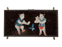 A Chinese Painted Panel with Two Boys on an Associated Gilt Metal Stand