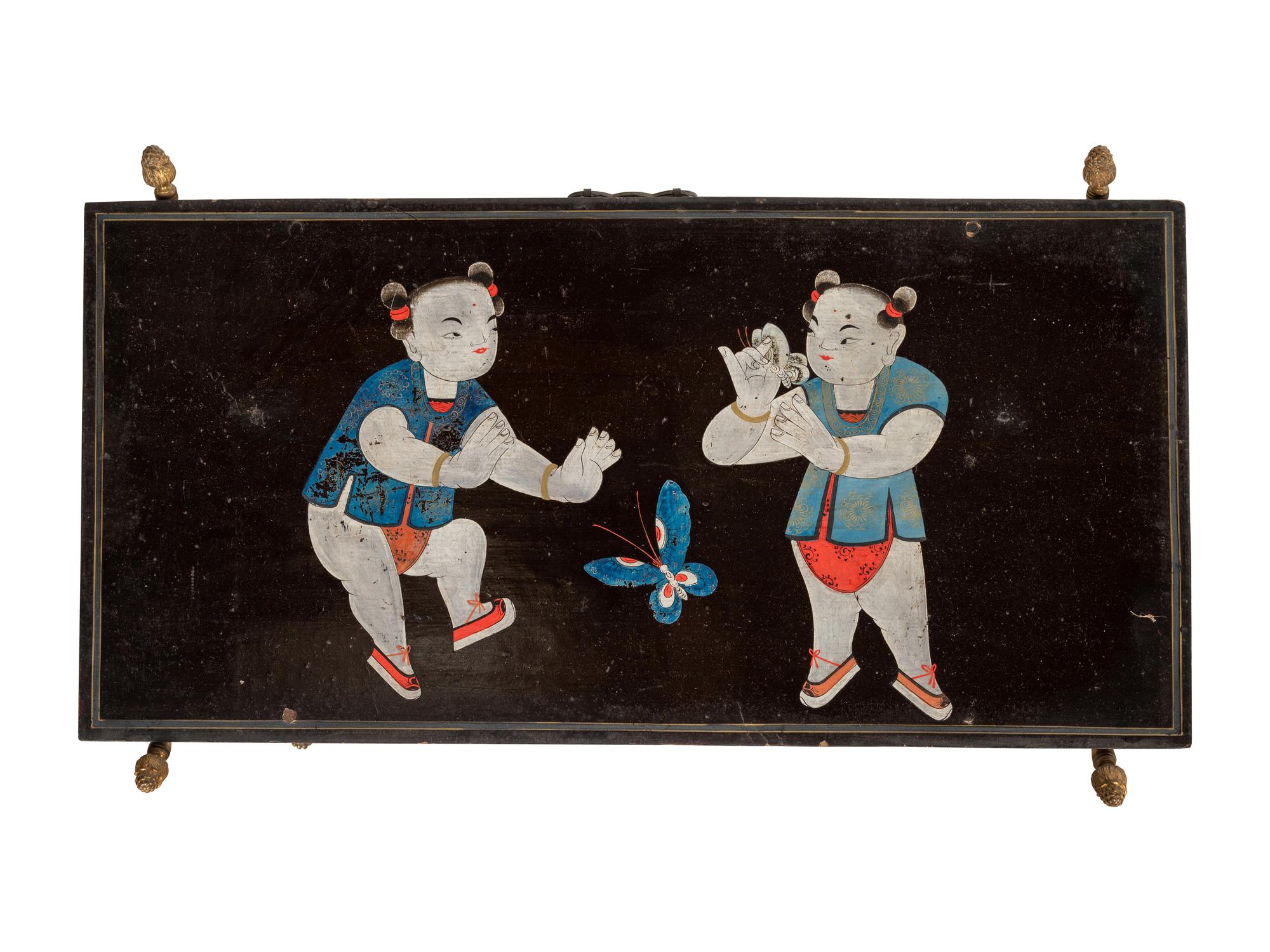 A Chinese Painted Panel with Two Boys on an Associated Gilt Metal Stand