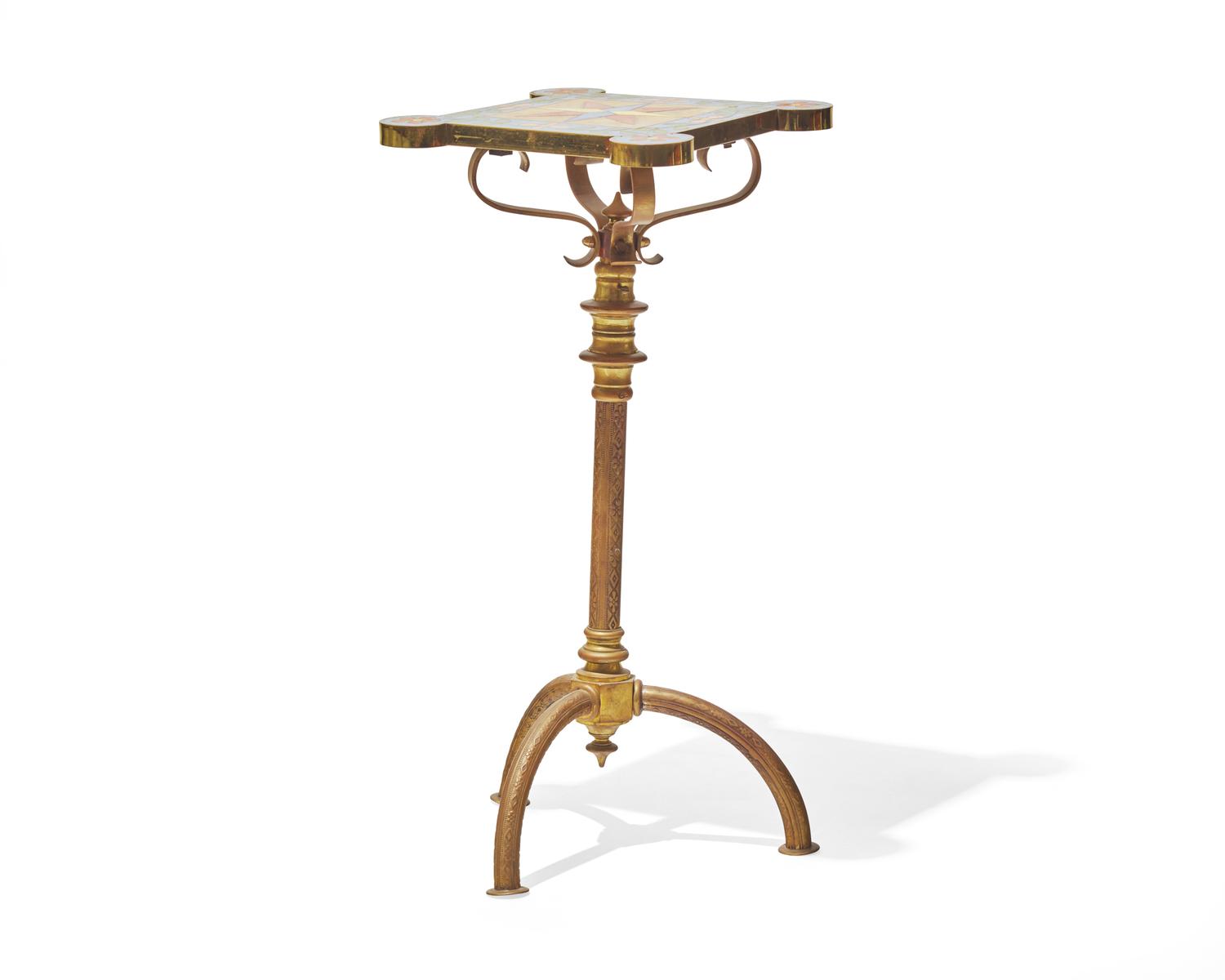 An Aesthetic Movement cast brass and encaustic inlaid table, circa 1880