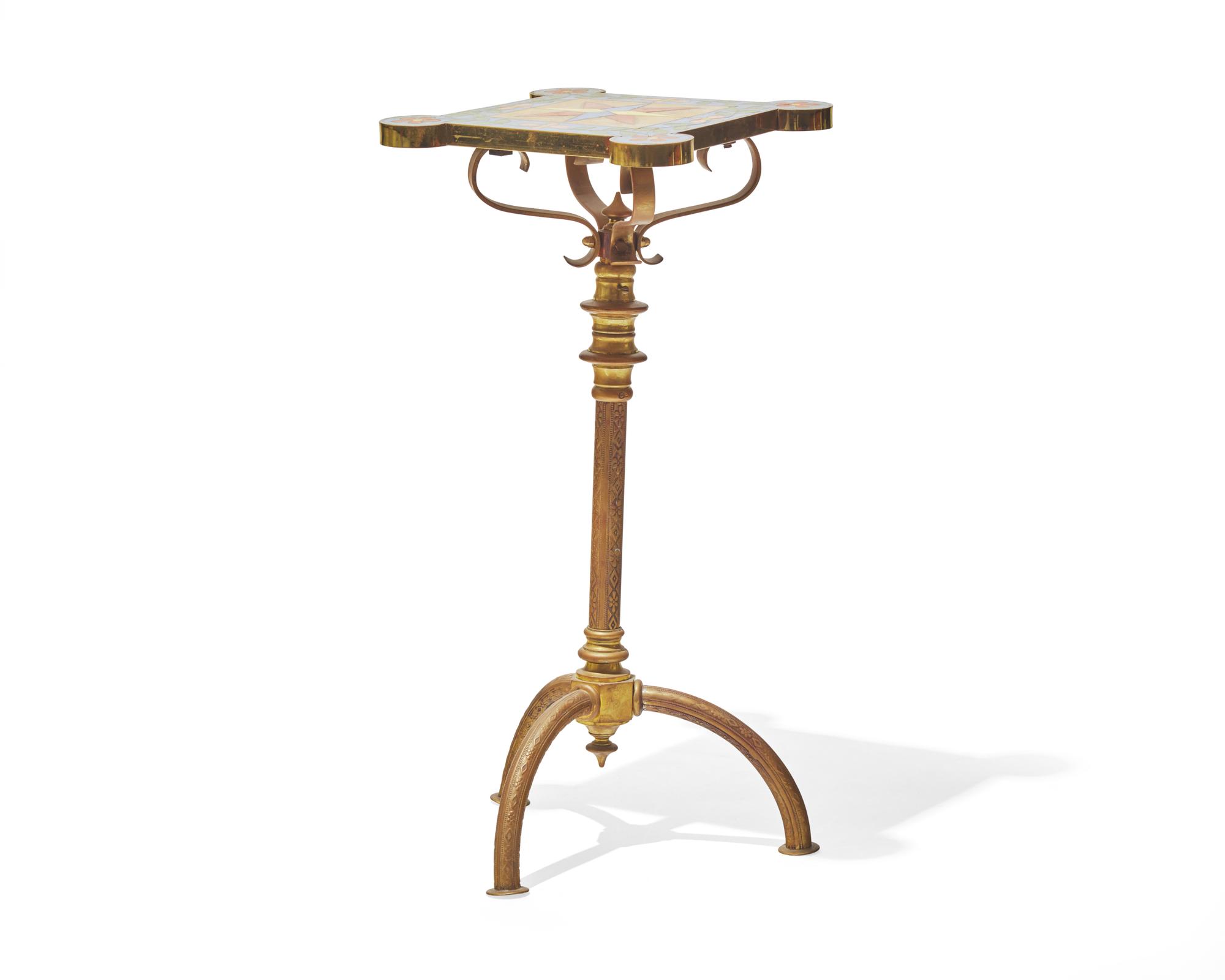 An Aesthetic Movement cast brass and encaustic inlaid table, circa 1880