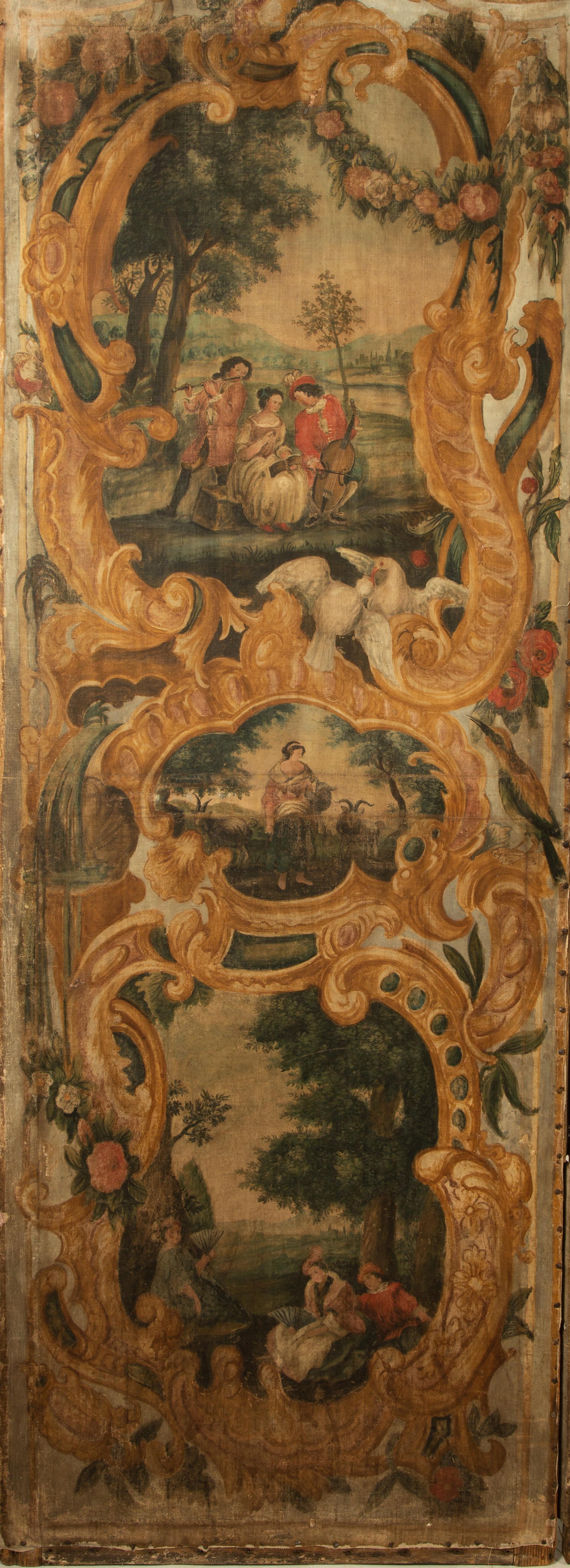 A French Five-Panel Hand Painted Canvas Floor Screen — 18TH CENTURY