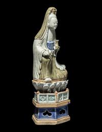 A Chinese Celadon and Underglazed Blue Porcelain Figure of Guanyin