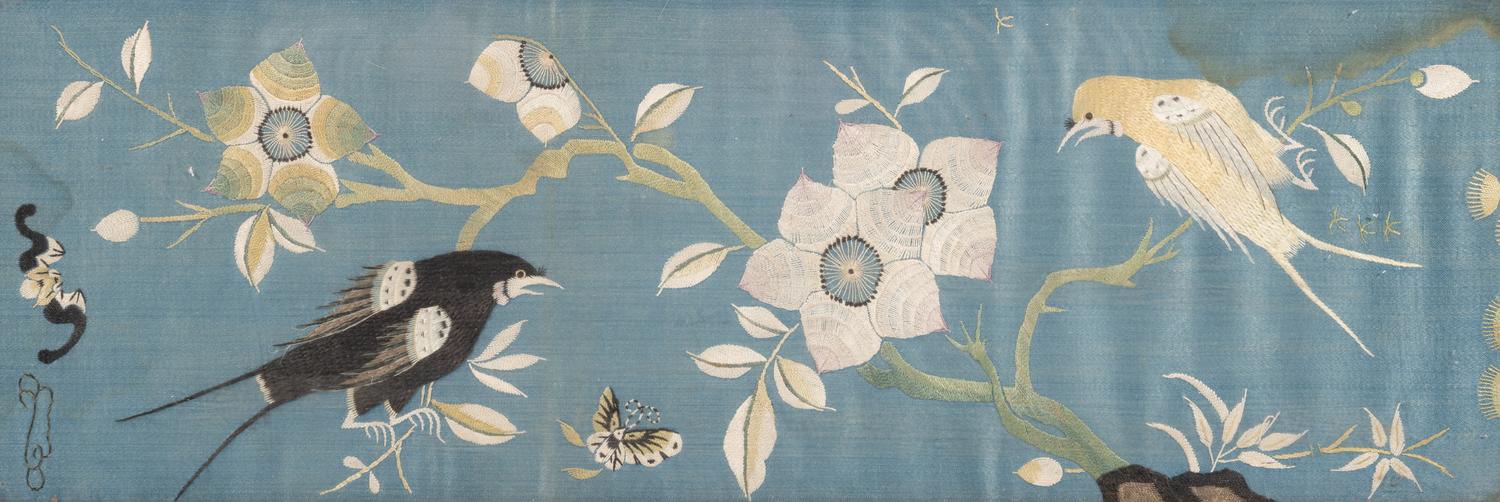A Pair of Chinese Blue Ground Embroidered Silk 'Bird' Panels