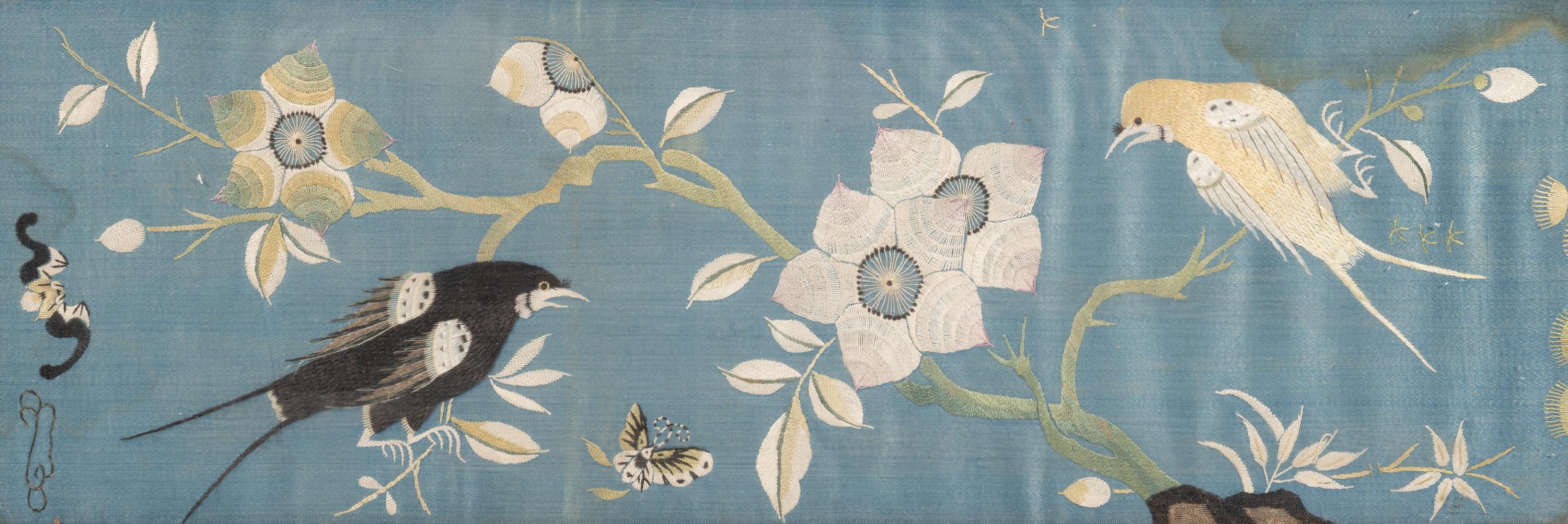 A Pair of Chinese Blue Ground Embroidered Silk 'Bird' Panels