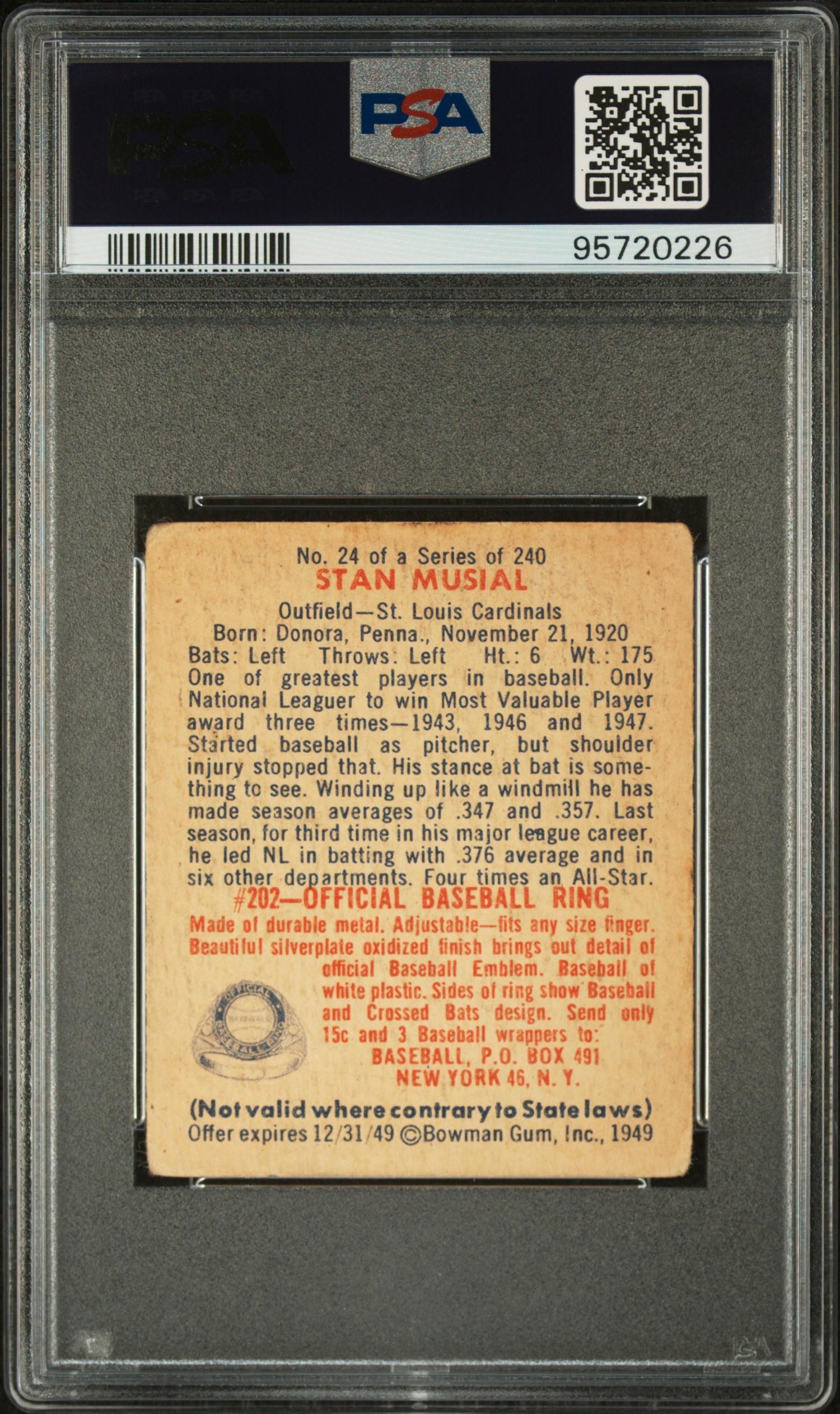 A 1949 Bowman Stan Musial Baseball Card No. 24 (PSA 1)