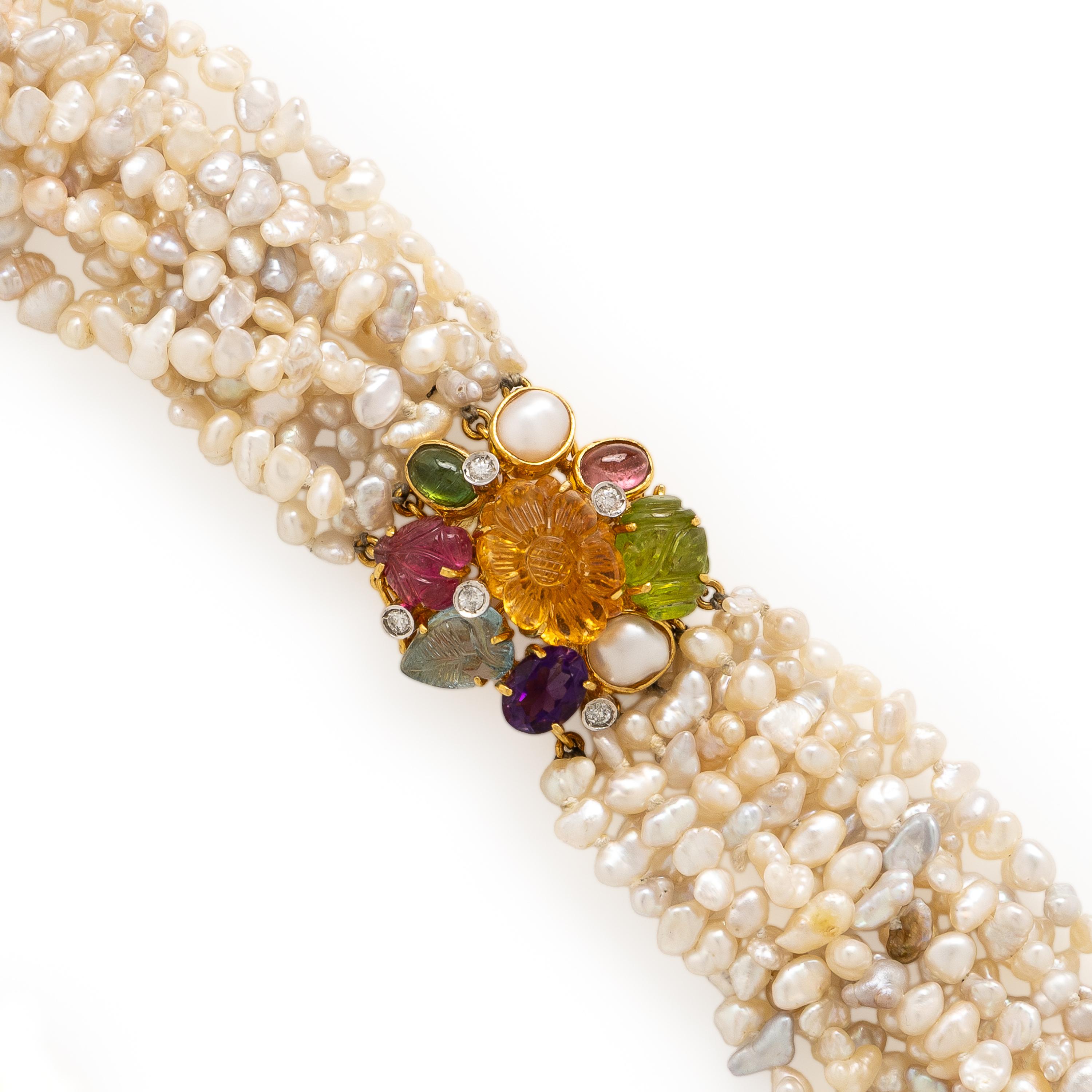 Multistrand Keshi Pearl, Yellow Gold, and Multigem Convertible Necklace