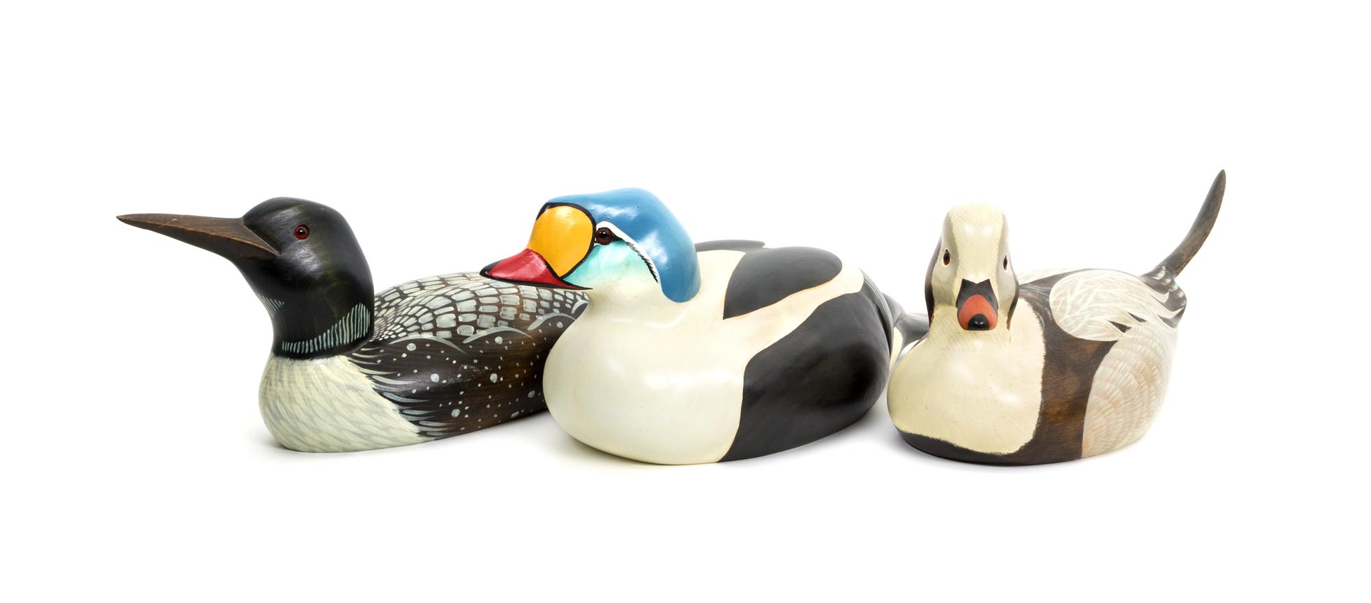 Six Decorative Painted Decoys, Big Sky Carvers, Bozeman, MT Height of largest 8 1/2 x length 16 1/2 inches