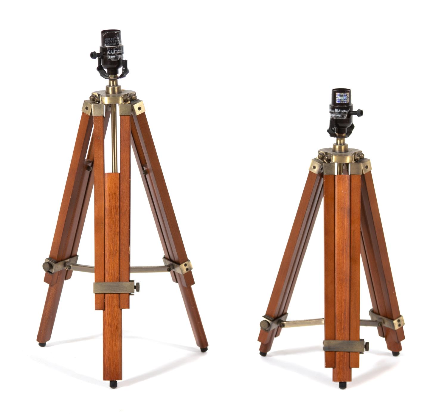 A Pair of Surveyor Stand Wood Base Table Lamps Height of base 19 inches. — 20TH CENTURY