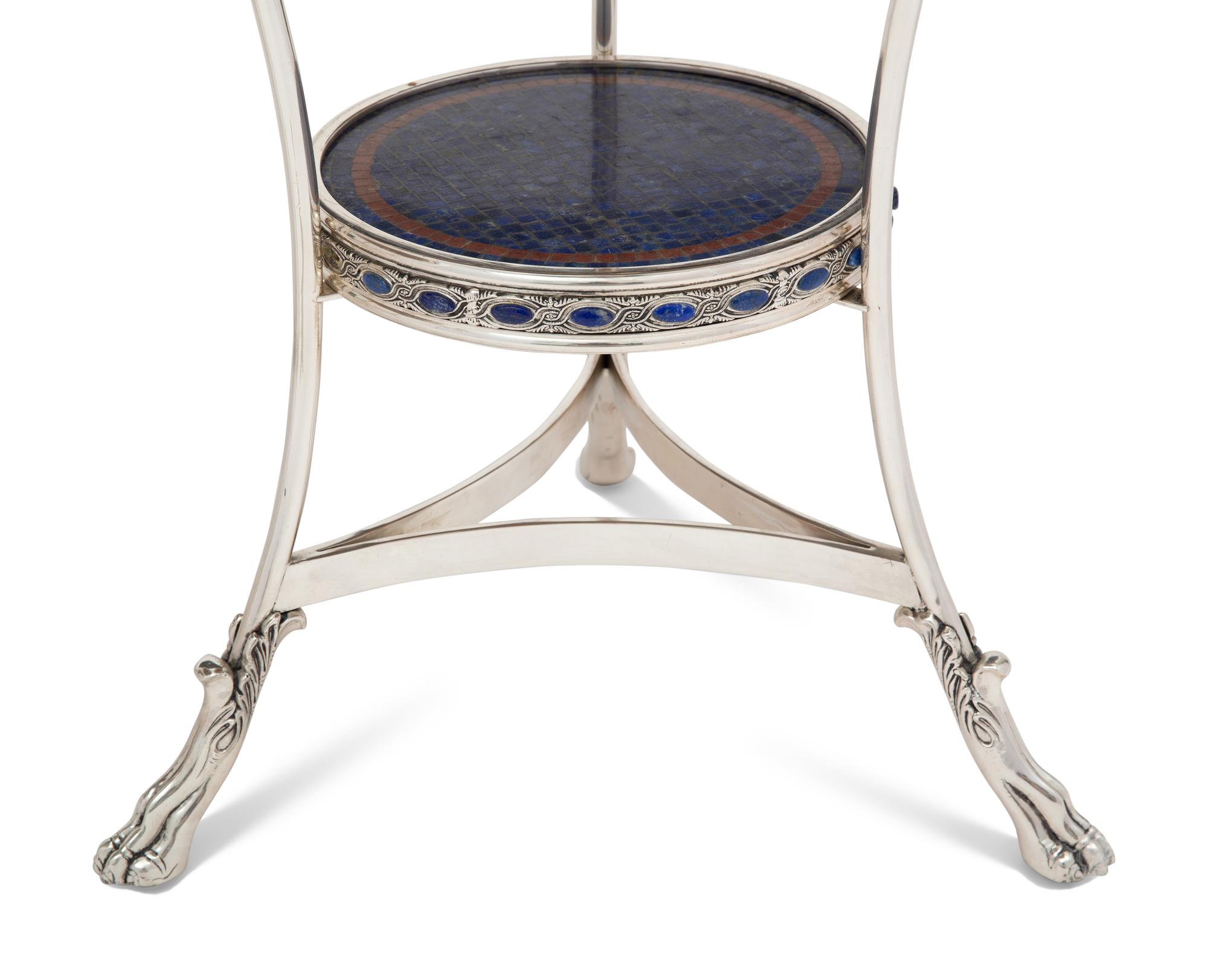 A Pair of Empire Style Silvered Bronze and Mosaic-Top Gueridons