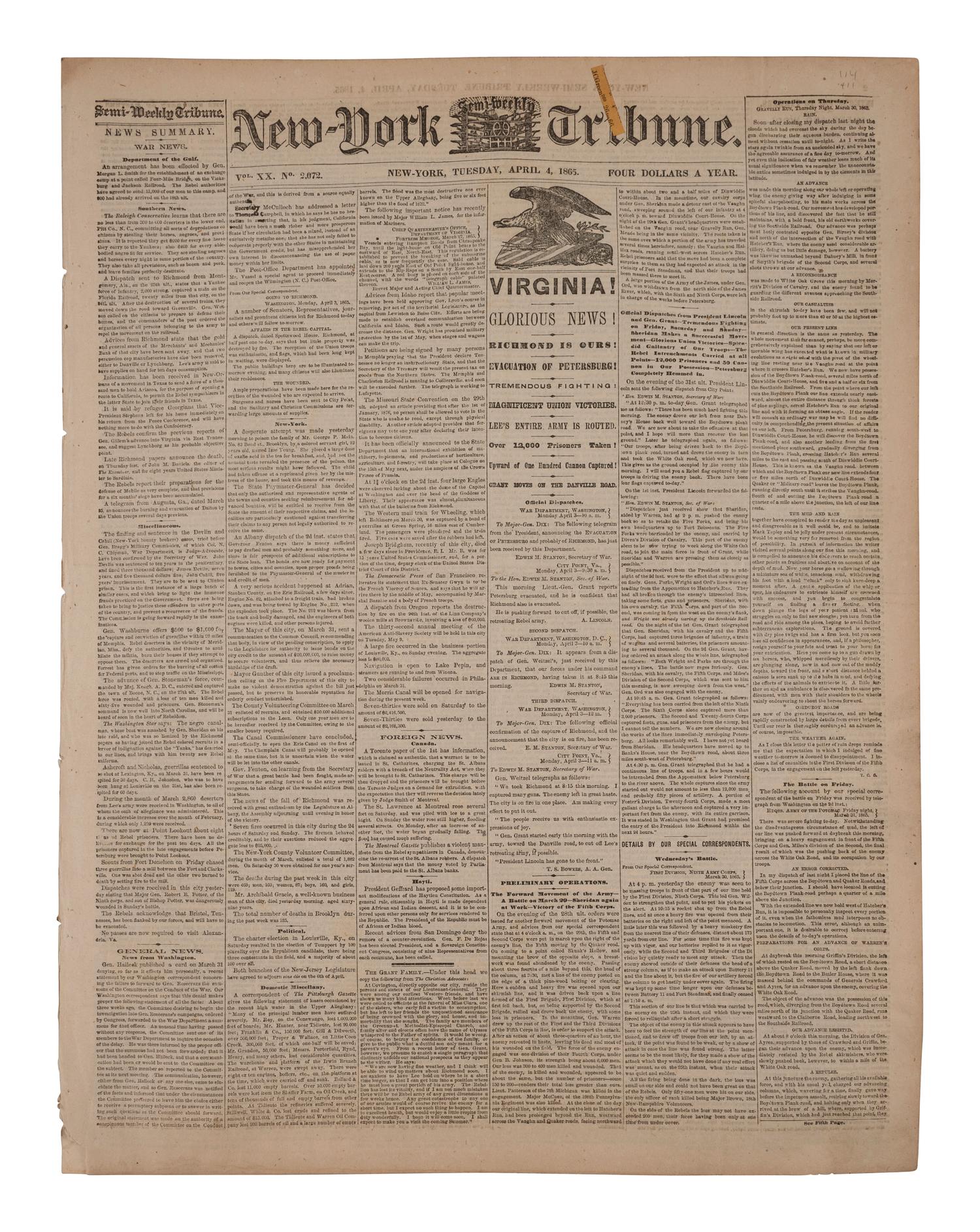 [CIVIL WAR - CAPTURE OF RICHMOND]. New York Semi-Weekly Tribune . Vol. XX, No. 2,072. New York: 4 April 1865.