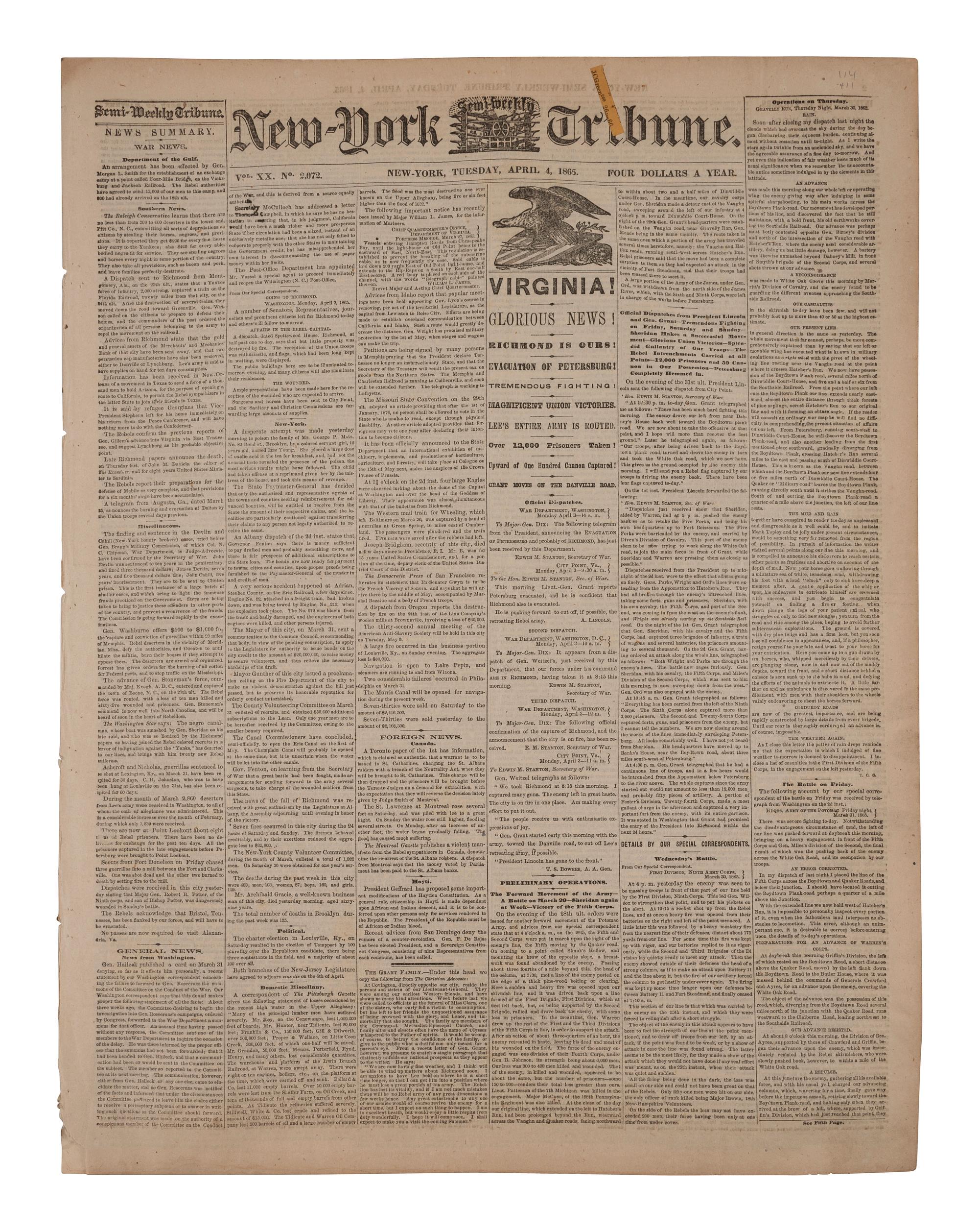 [CIVIL WAR - CAPTURE OF RICHMOND]. New York Semi-Weekly Tribune . Vol. XX, No. 2,072. New York: 4 April 1865.