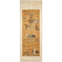 A Chinese Apricot Ground Silk Brocade 'Bogu' Panels, Qing Dynasty — 清 杏子地织锦博古圖挂屏