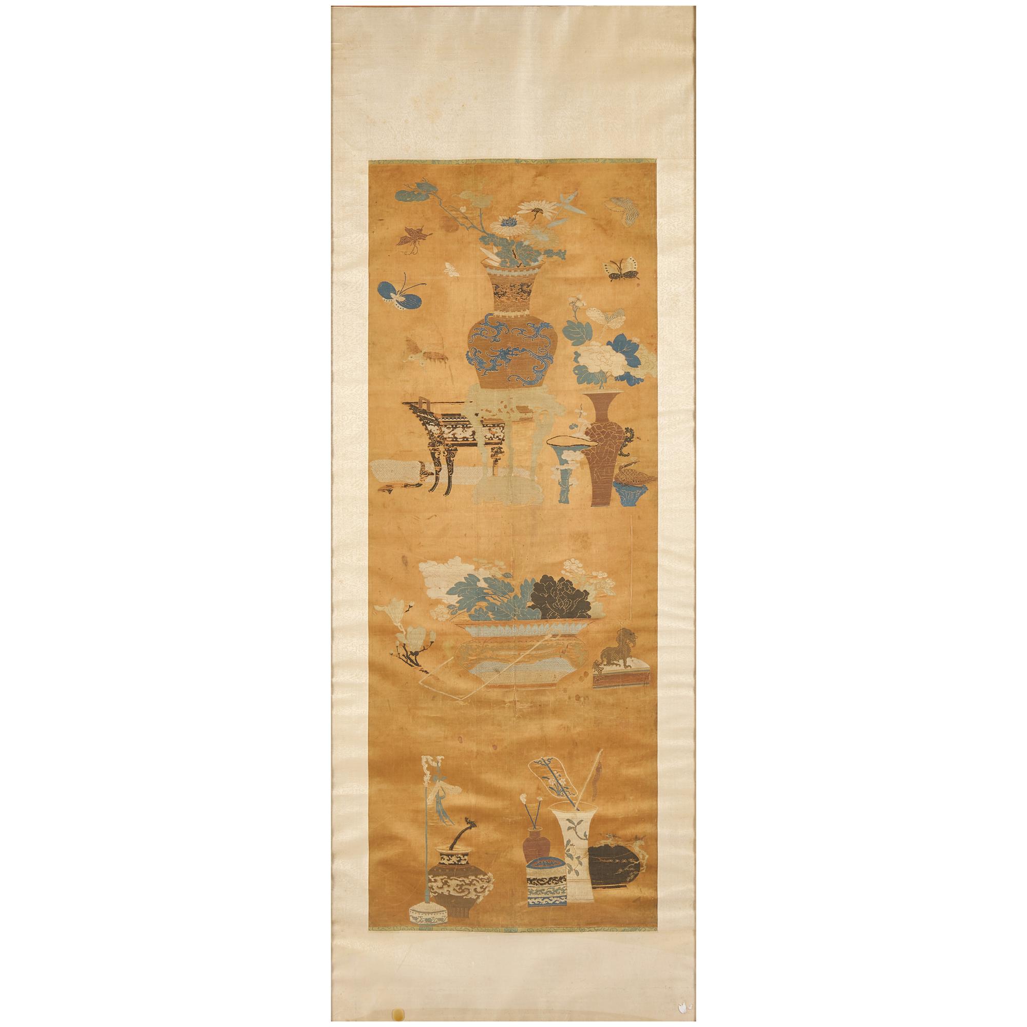 A Chinese Apricot Ground Silk Brocade 'Bogu' Panels, Qing Dynasty — 清 杏子地织锦博古圖挂屏