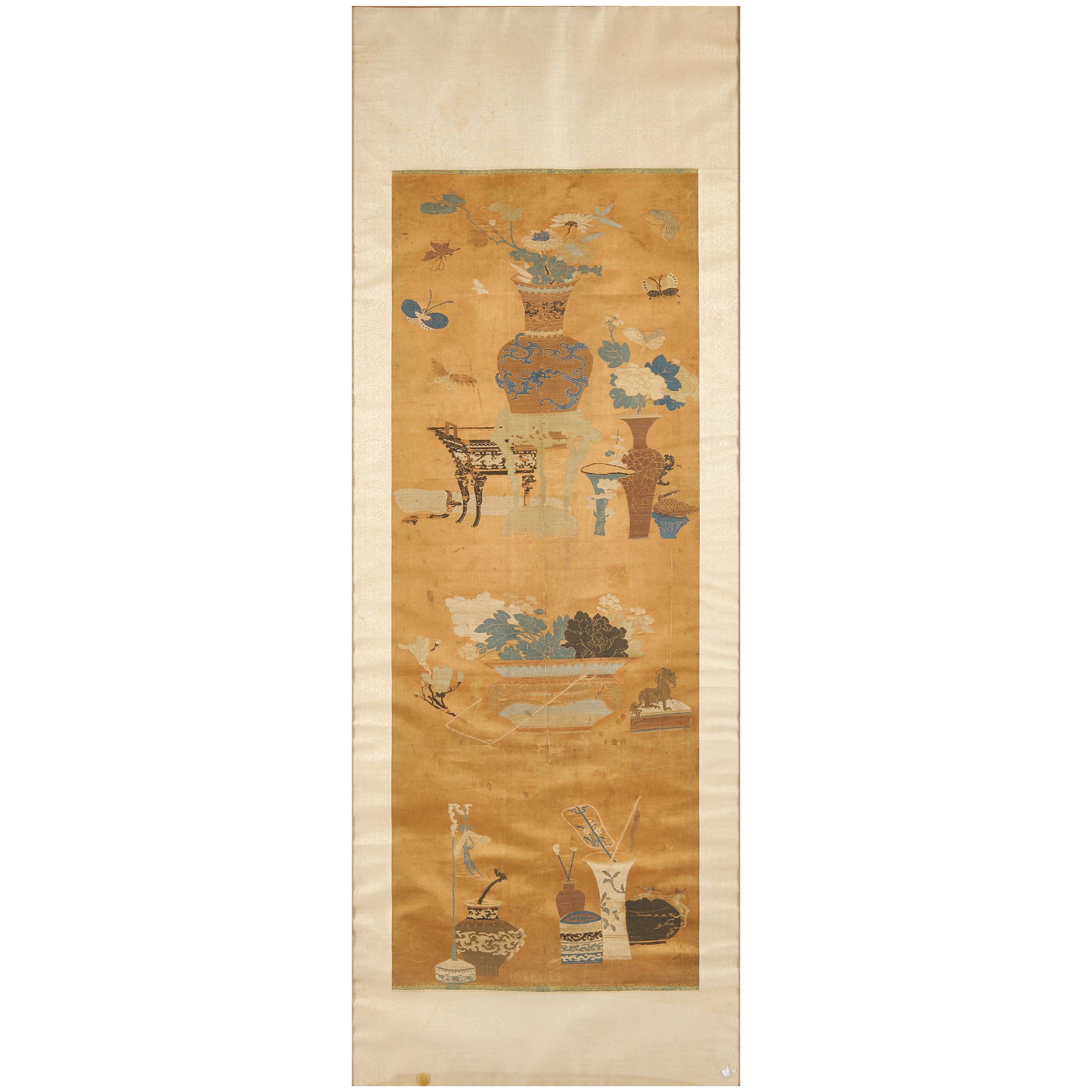 A Chinese Apricot Ground Silk Brocade 'Bogu' Panels, Qing Dynasty — 清 杏子地织锦博古圖挂屏