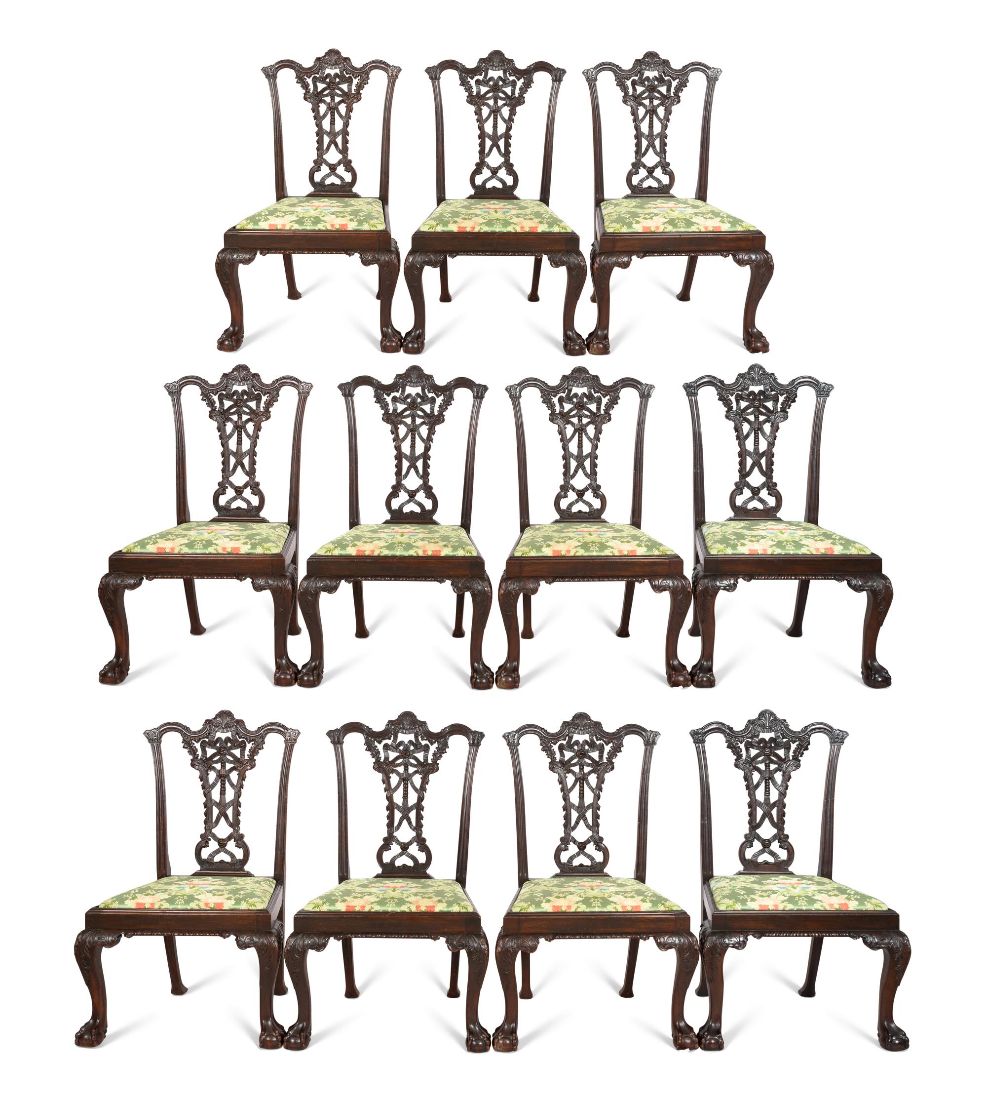A Set of Eleven George III Style Ribbon-Carved Mahogany Dining Chairs
