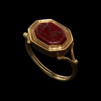A Late Roman or Byzantine Red Jasper Intaglio with a Monogram — Set in a 19th Century gold ring