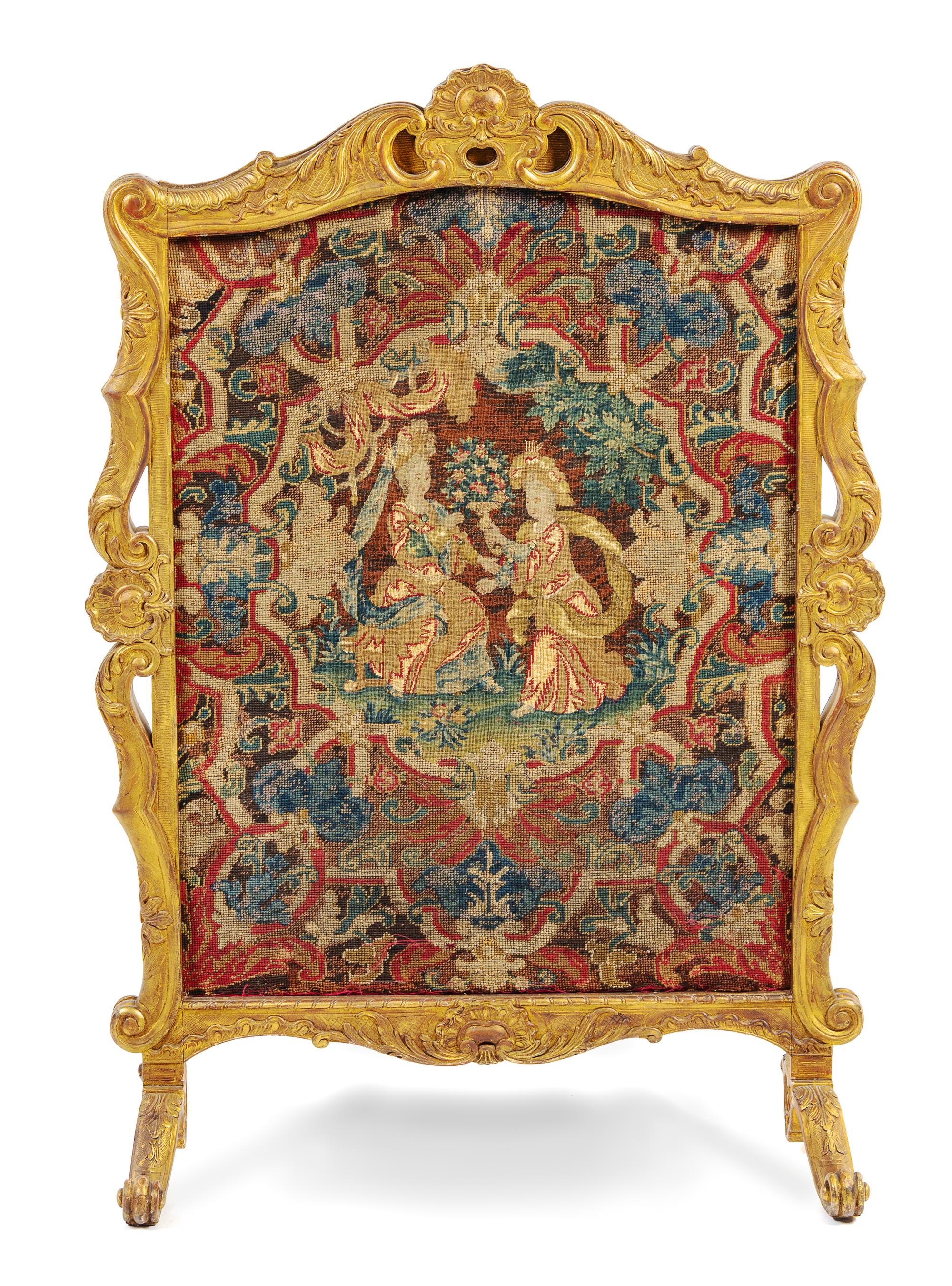 A Louis XV Style Needlepoint and Petit Point Inset Giltwood Screen Height 43 3/8 x width 30 1/2 inches. — 19TH CENTURY