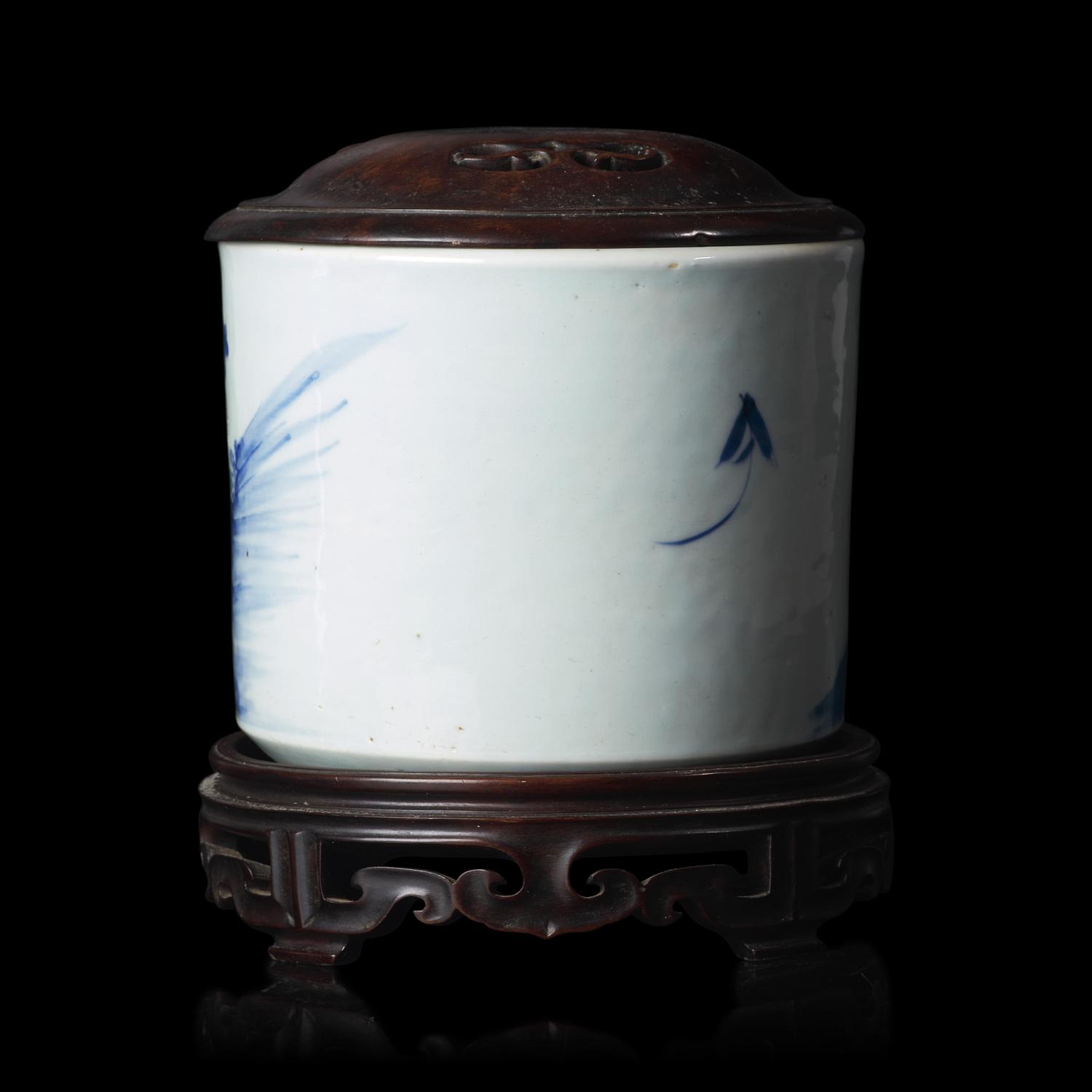 A Chinese Blue and White "Daoist Immortals" Brush Pot, Qing Dynasty — 清 青花八仙圖筆筒