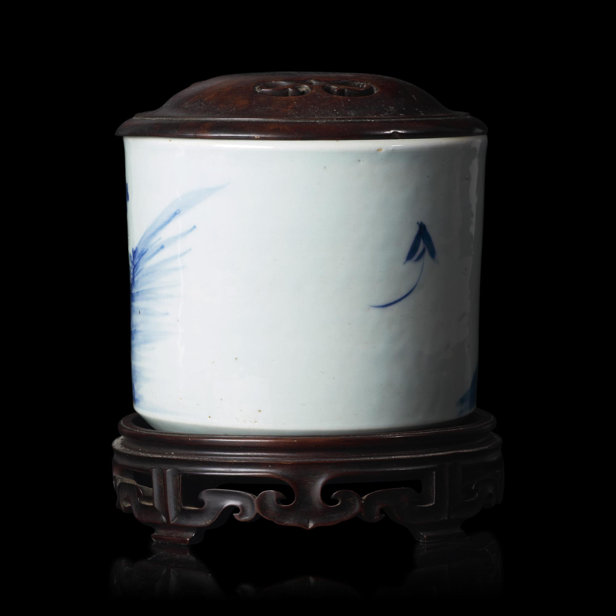 A Chinese Blue and White "Daoist Immortals" Brush Pot, Qing Dynasty — 清 青花八仙圖筆筒