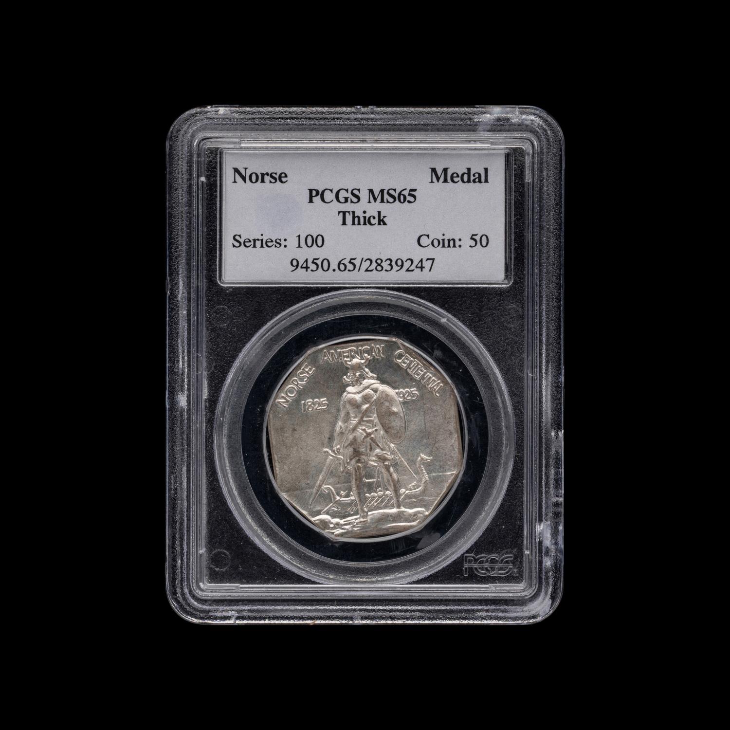An 1925 Norse-American Centennial Commemorative Silver Medallion [PCGS MS65: Thick ]