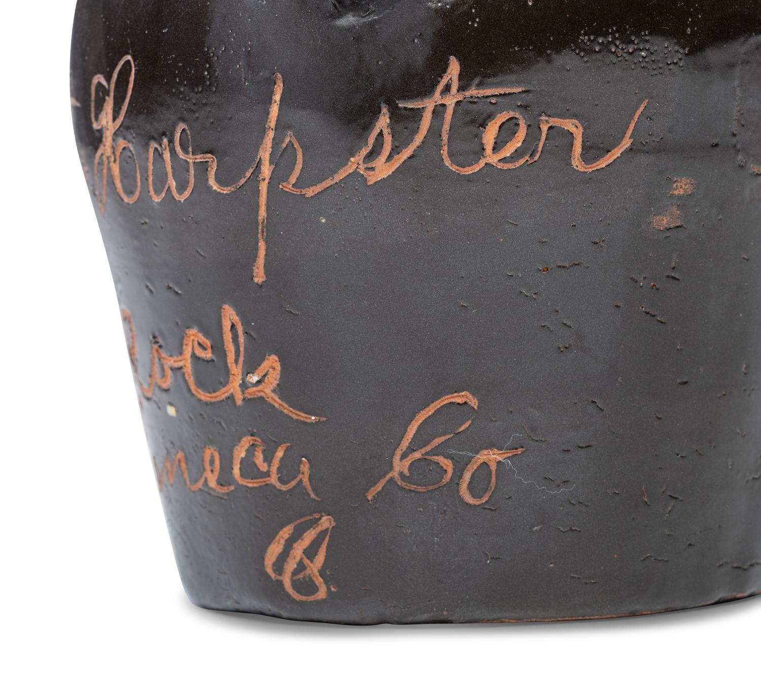 A Rare Albany Slip-Glazed Stoneware Harvest Jug Identified to Elizabeth Beck Harpster