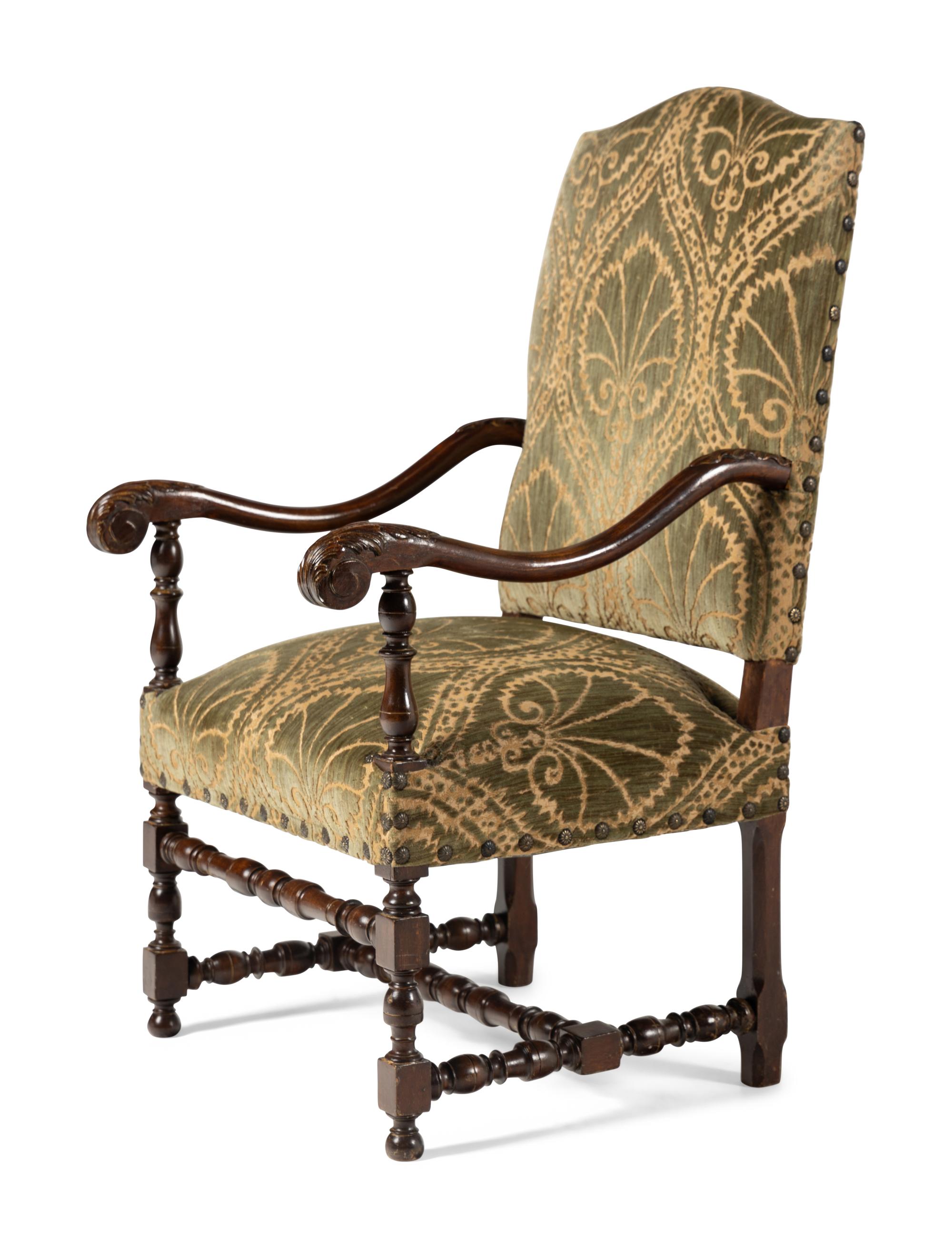 A Pair of William and Mary Style Turned and Carved Beech and Oak Armchairs