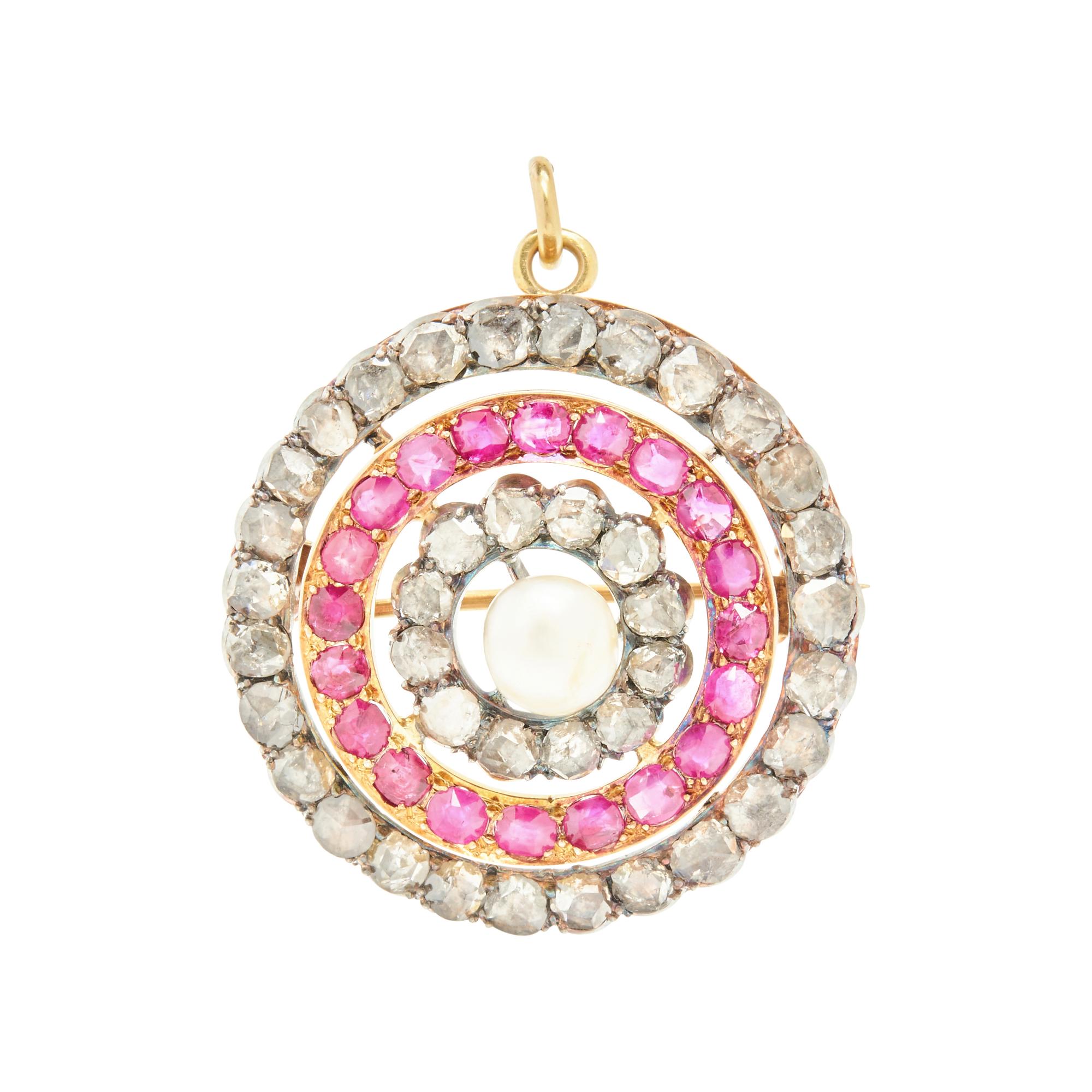 ANTIQUE, DIAMOND, RUBY AND CULTURED PEARL BROOCH/PENDANT