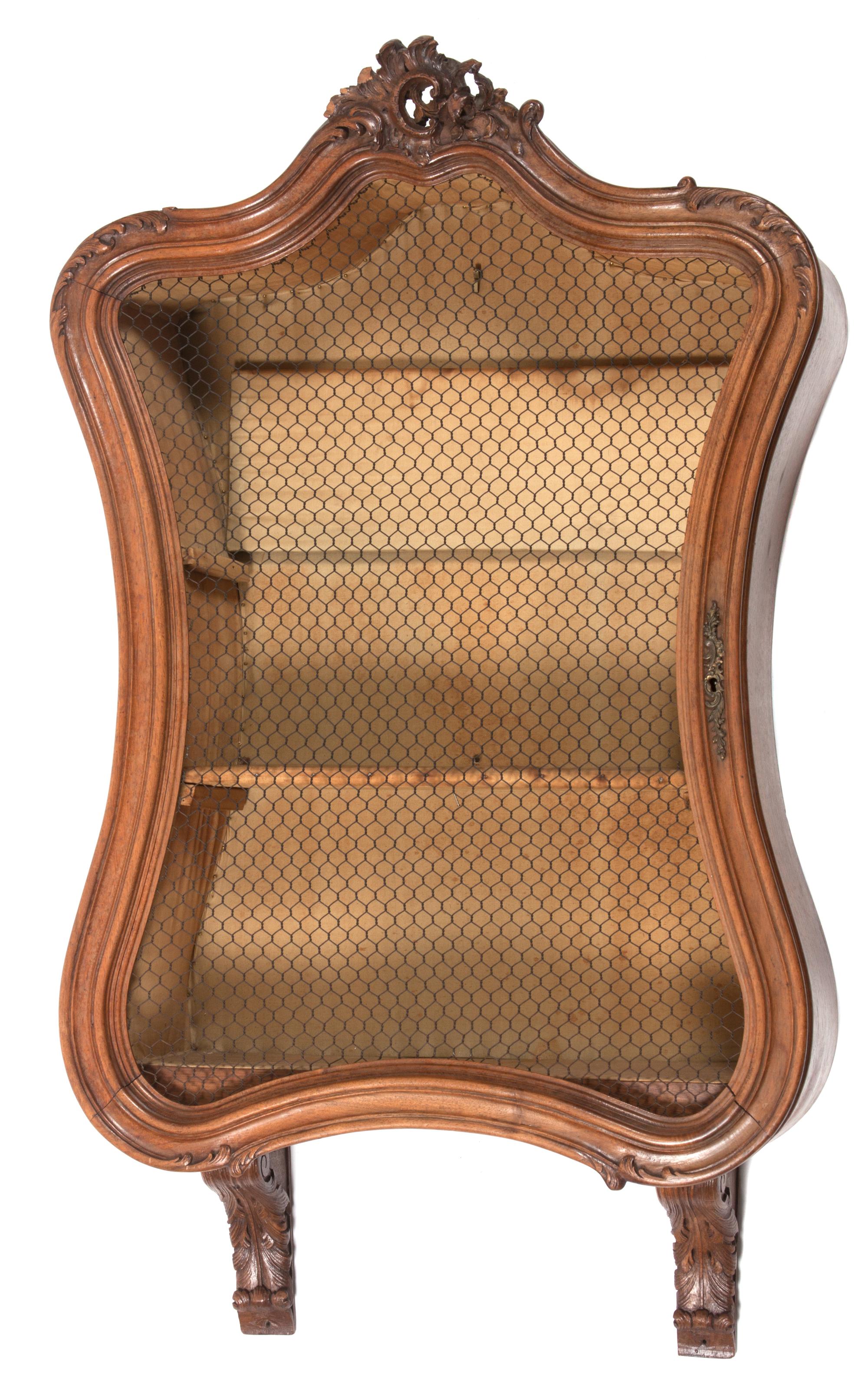 A Louis XV Style Fruitwood Hanging Vitrine Height 35 x width 21 x depth 8 inches. — 20TH CENTURY