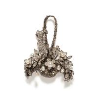 DIAMOND AND PEARL FLOWER BASKET BROOCH
