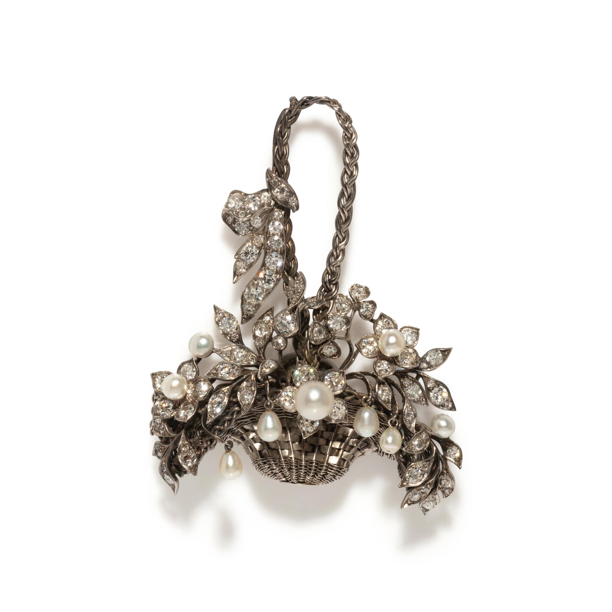 DIAMOND AND PEARL FLOWER BASKET BROOCH