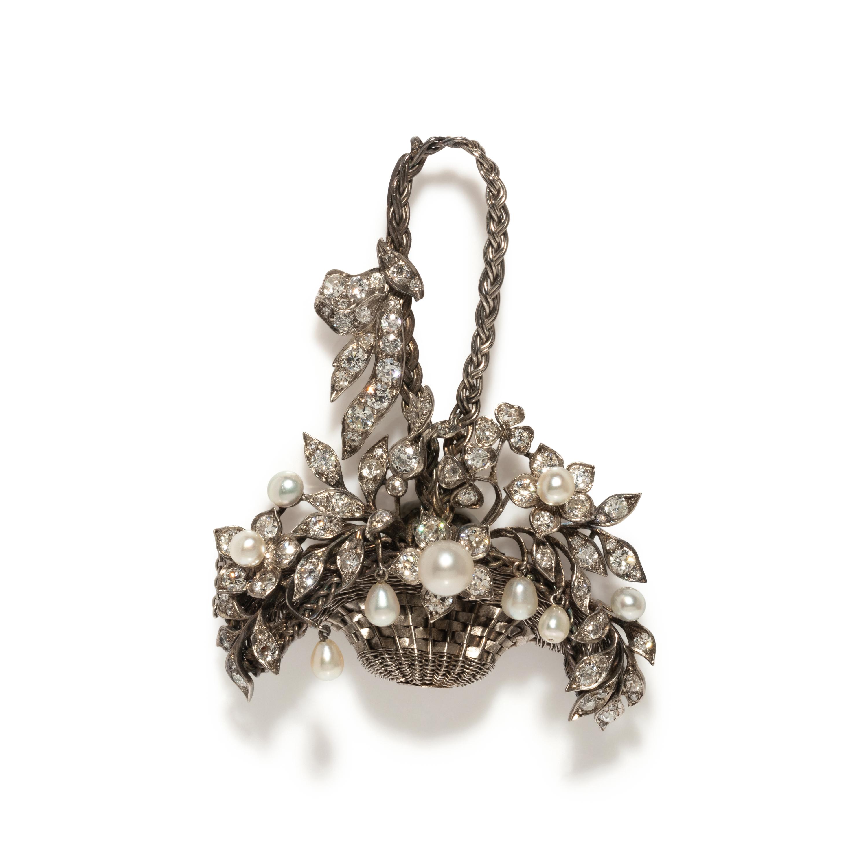 DIAMOND AND PEARL FLOWER BASKET BROOCH