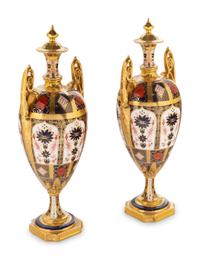 A Pair of Royal Crown Derby Porcelain Urns