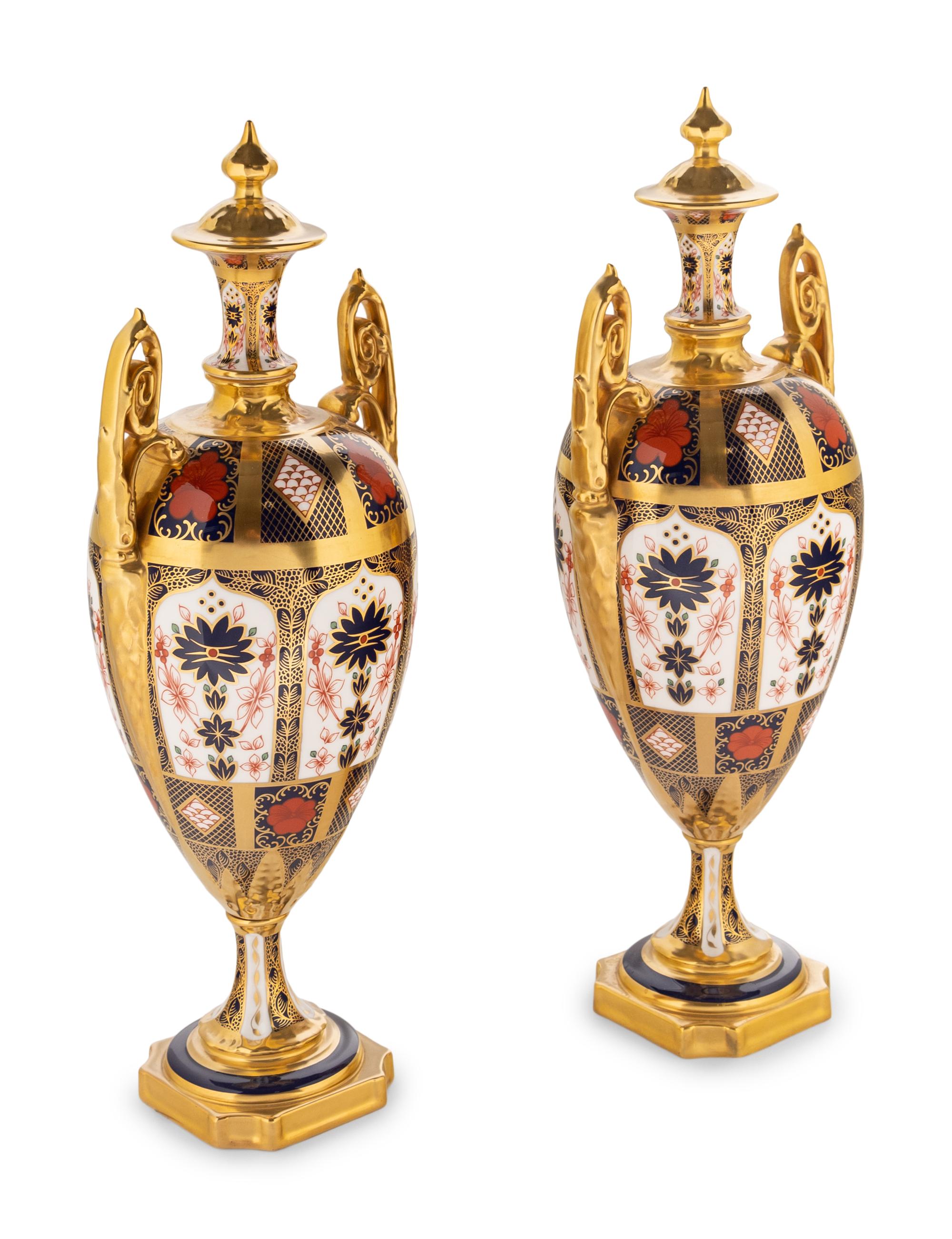 A Pair of Royal Crown Derby Porcelain Urns