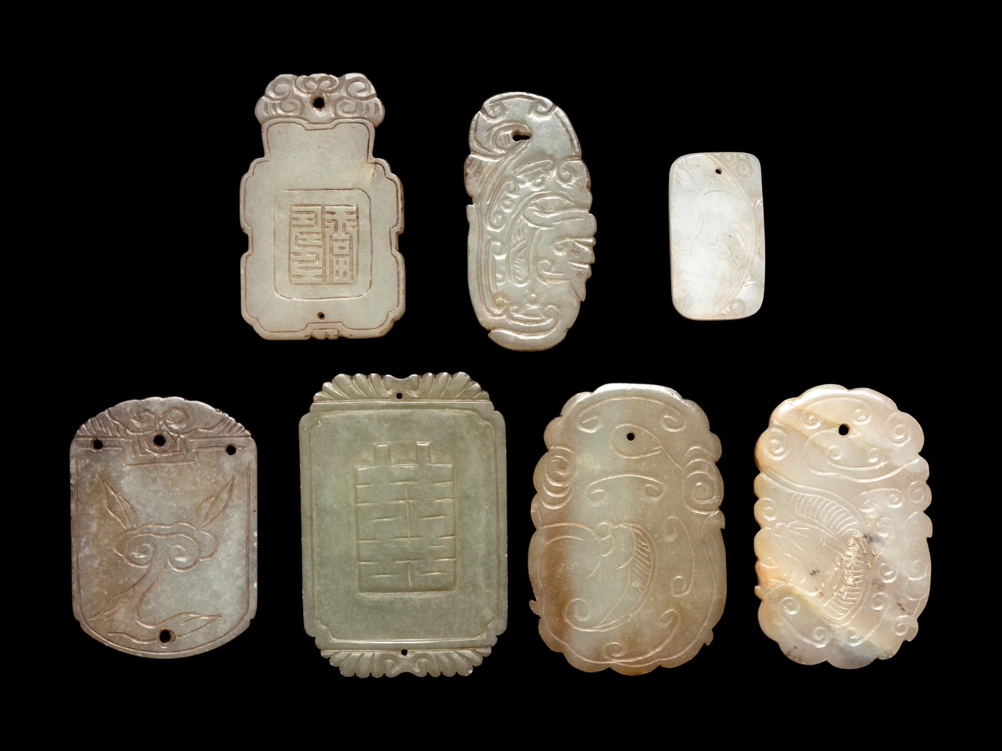 Seven Chinese Celadon Jade Carved Plaques
