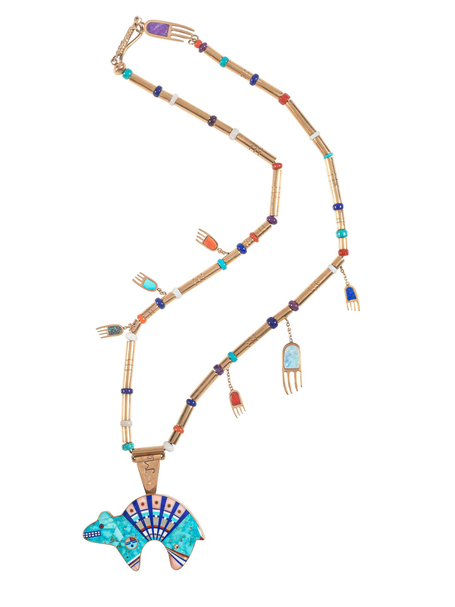 14K Gold Necklace, with Reversible Mosaic Inlay Bear Pendant