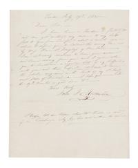 AUDUBON, John James (1785-1851). Autograph letter signed ("John J. Audubon") to Edinburgh bookseller Alexander Hill. London, 17 July 1830. One page, 4to (252 x 202 mm), with integral leaf addressed in holograph. Mailing folds, a few minor spots, remnants of mounting strip on integral address leaf.