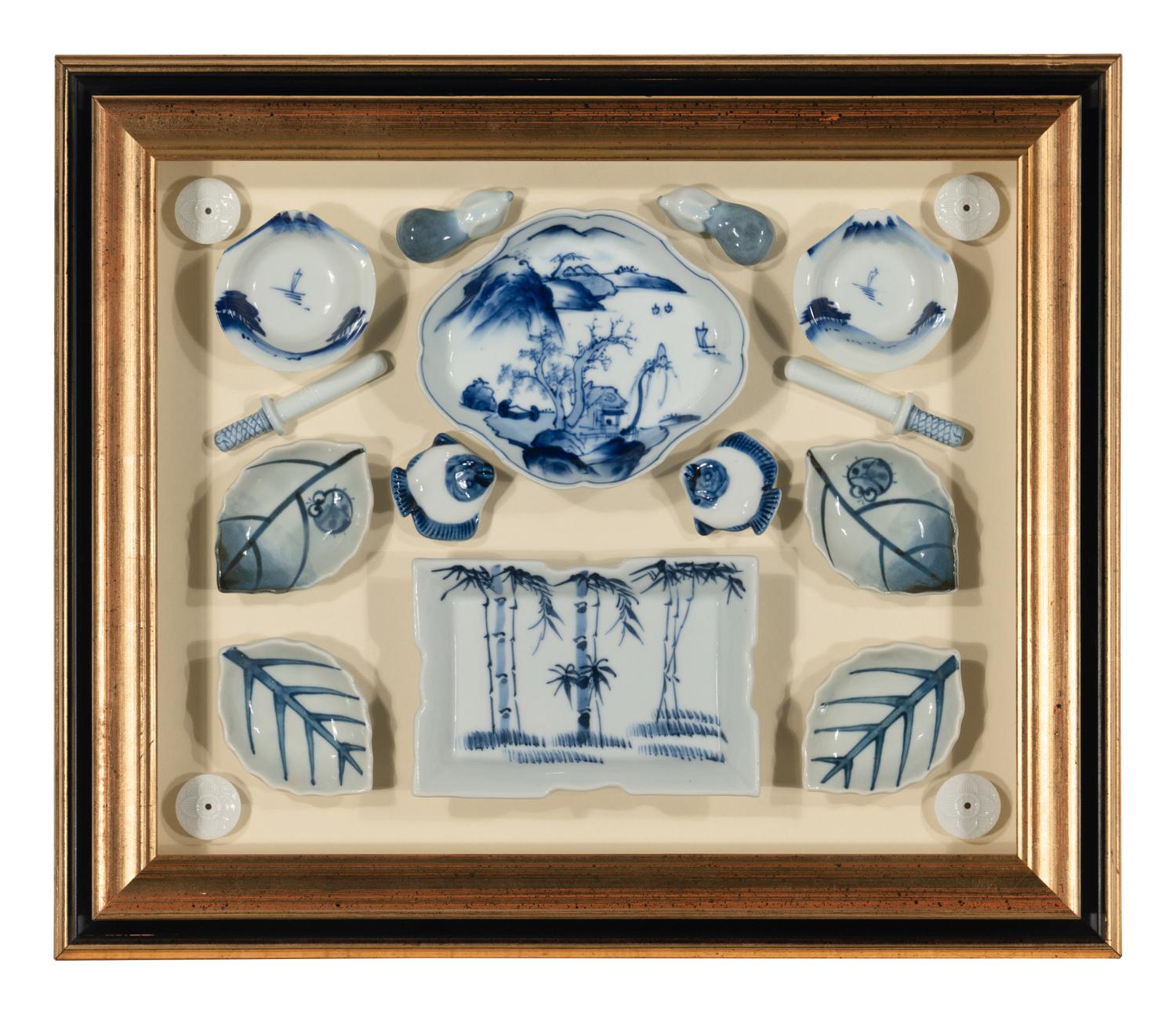 Four Shadow Boxes Mounted with Chinese Blue-and-White Porcelain Articles